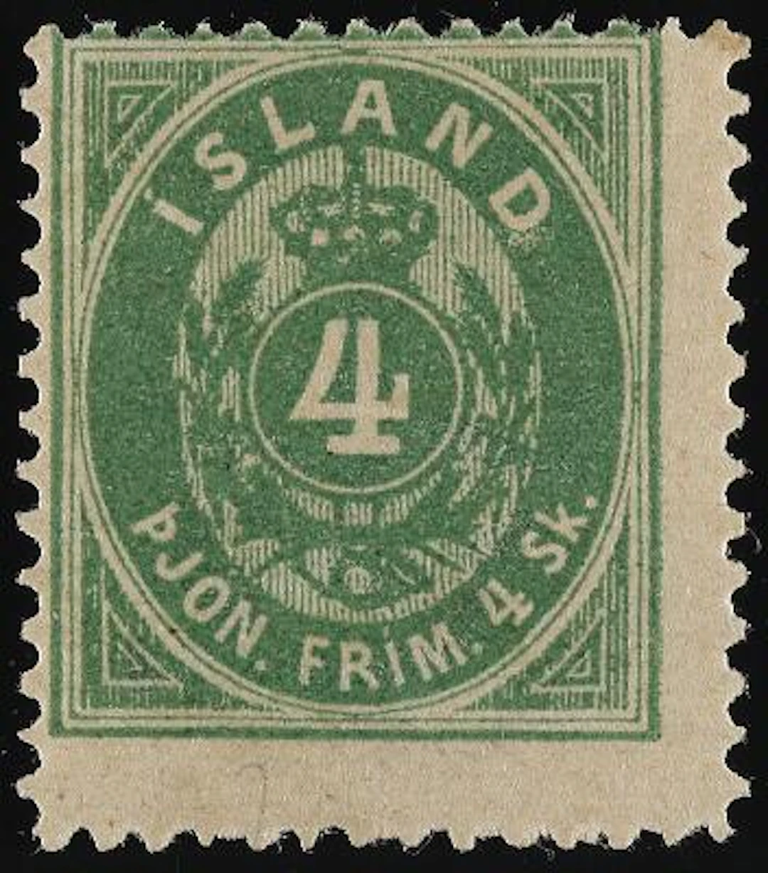 Iceland. Official. 1873. 4 Skilling, green. Perf. 14. Very rare mint