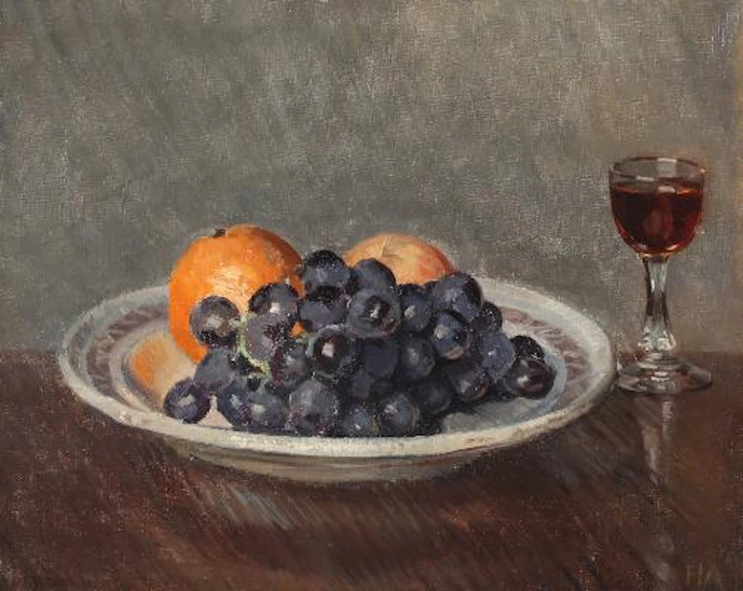 Helga Ancher: Still life with grapes and oranges. Signed and dated