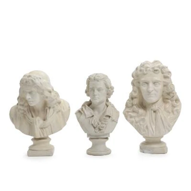 Three portrait busts in bisque and plaster depicting Schiller, Molière