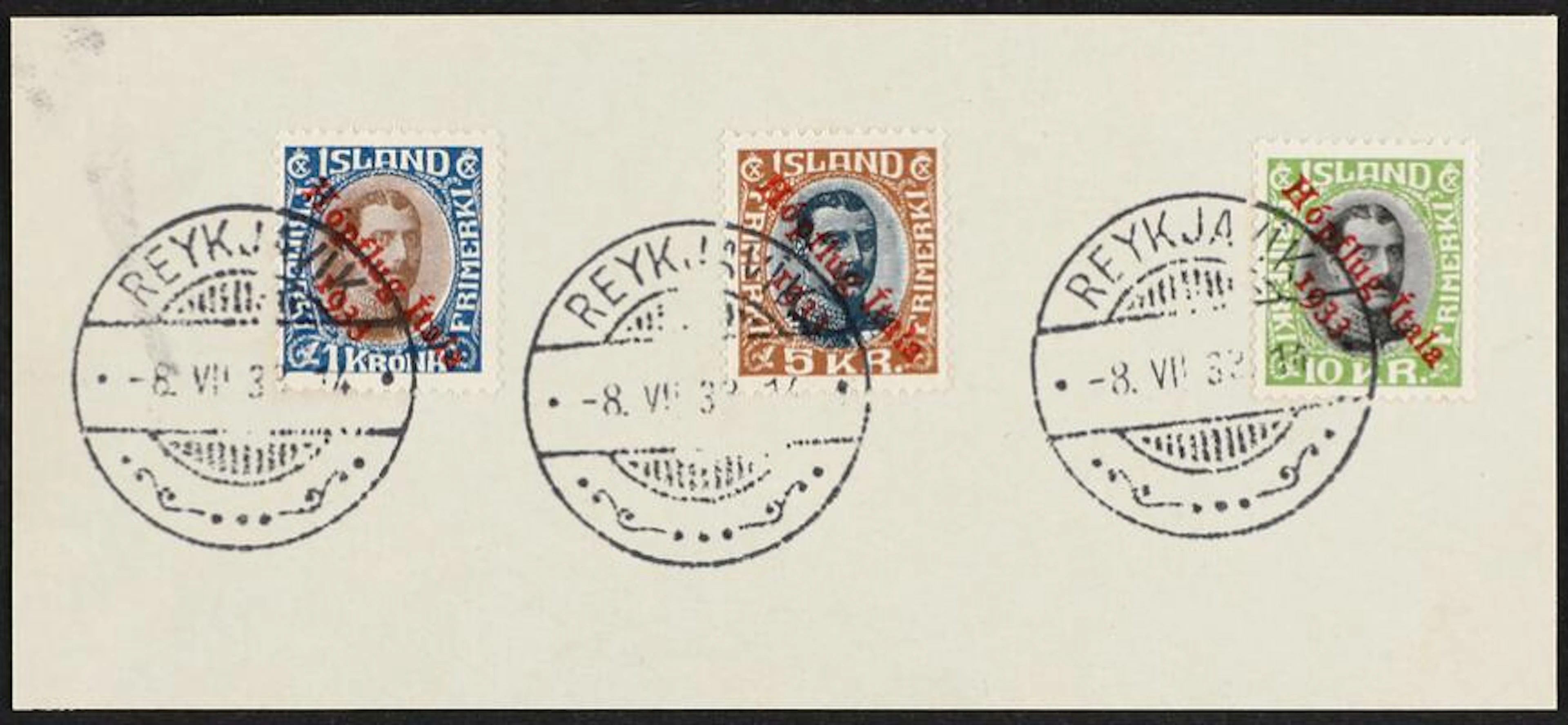 1933. Hopflug. Smukt komplet sæt på brevstykke, stemplet REYKJAVIK