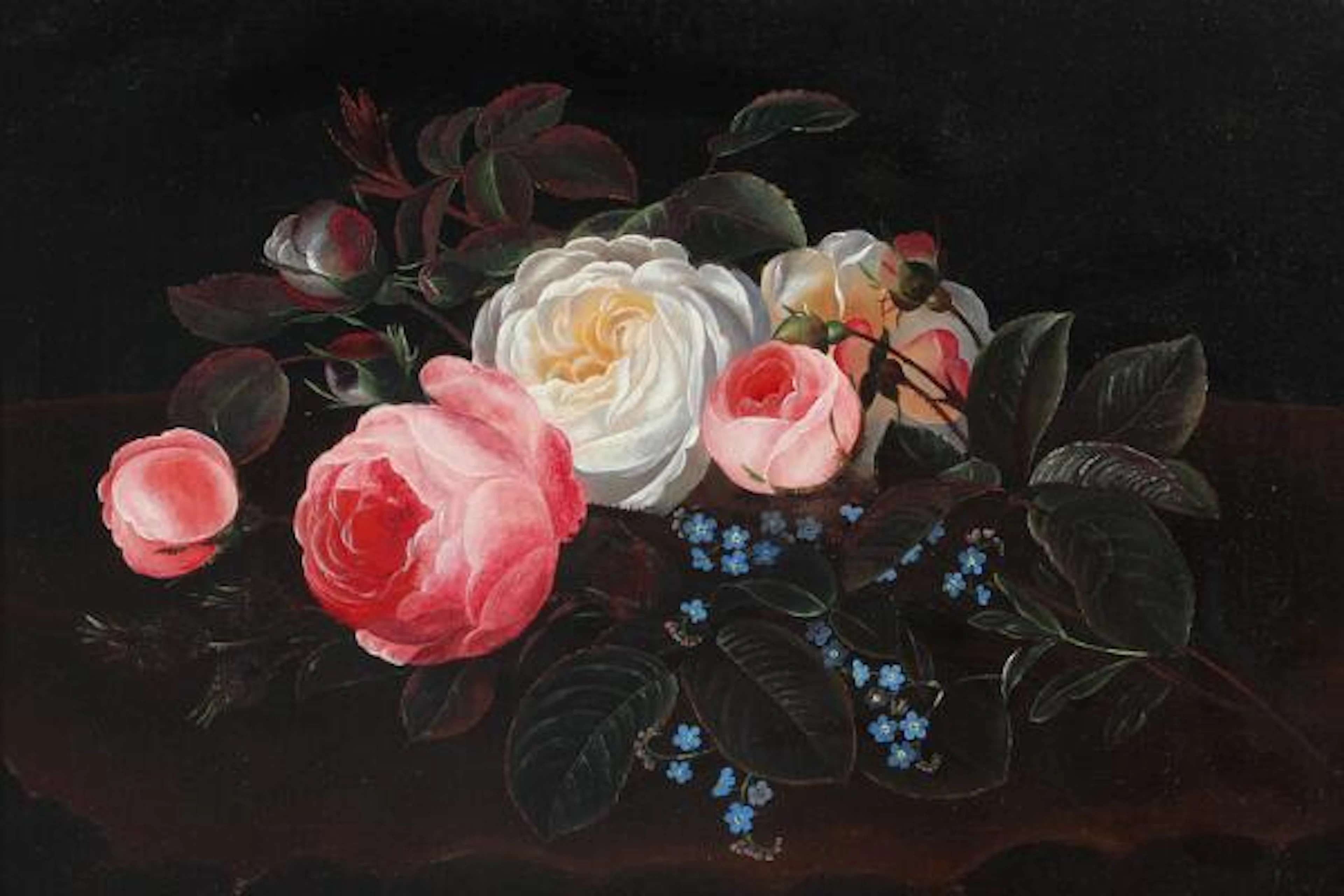 I. L. Jensen, school of, 19th century: Still life with pink and white