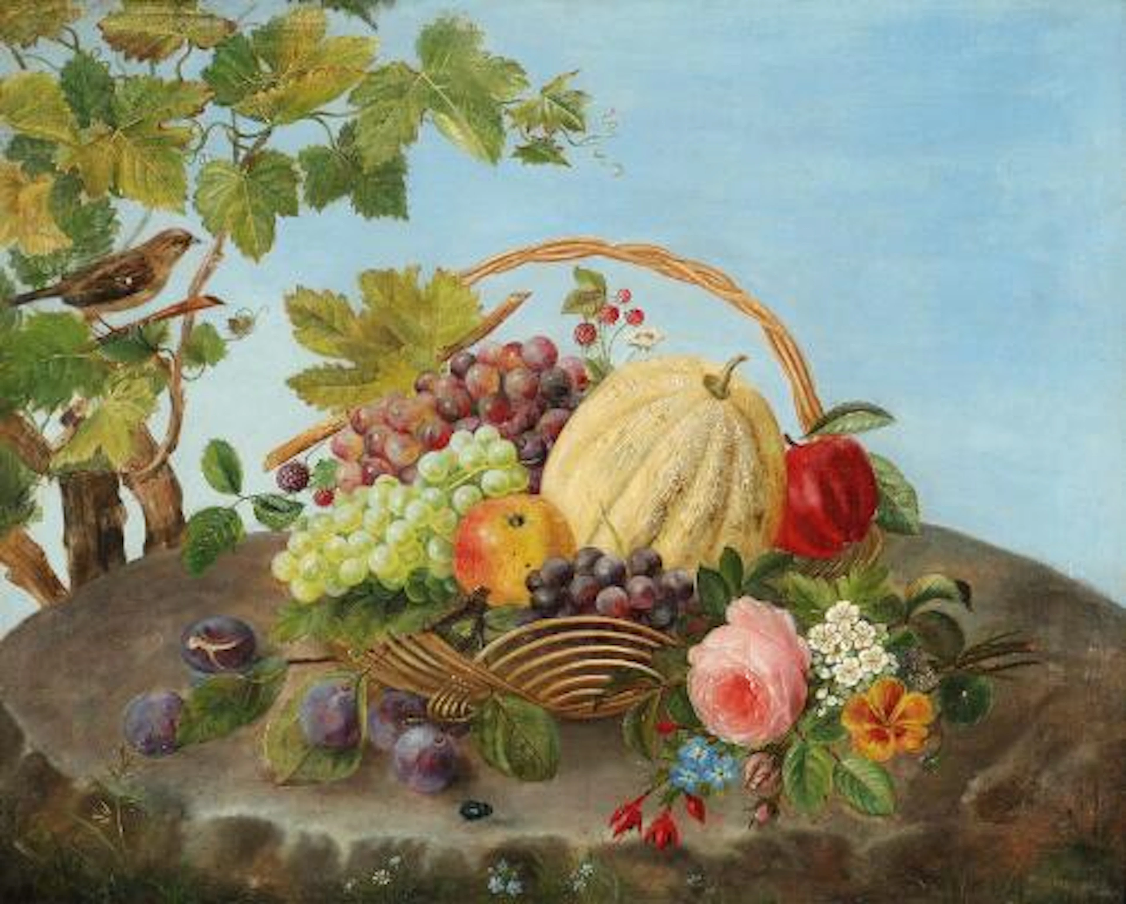 Carl Balsgaard: Wicker basket with fruit and flowers on a tree trunk.