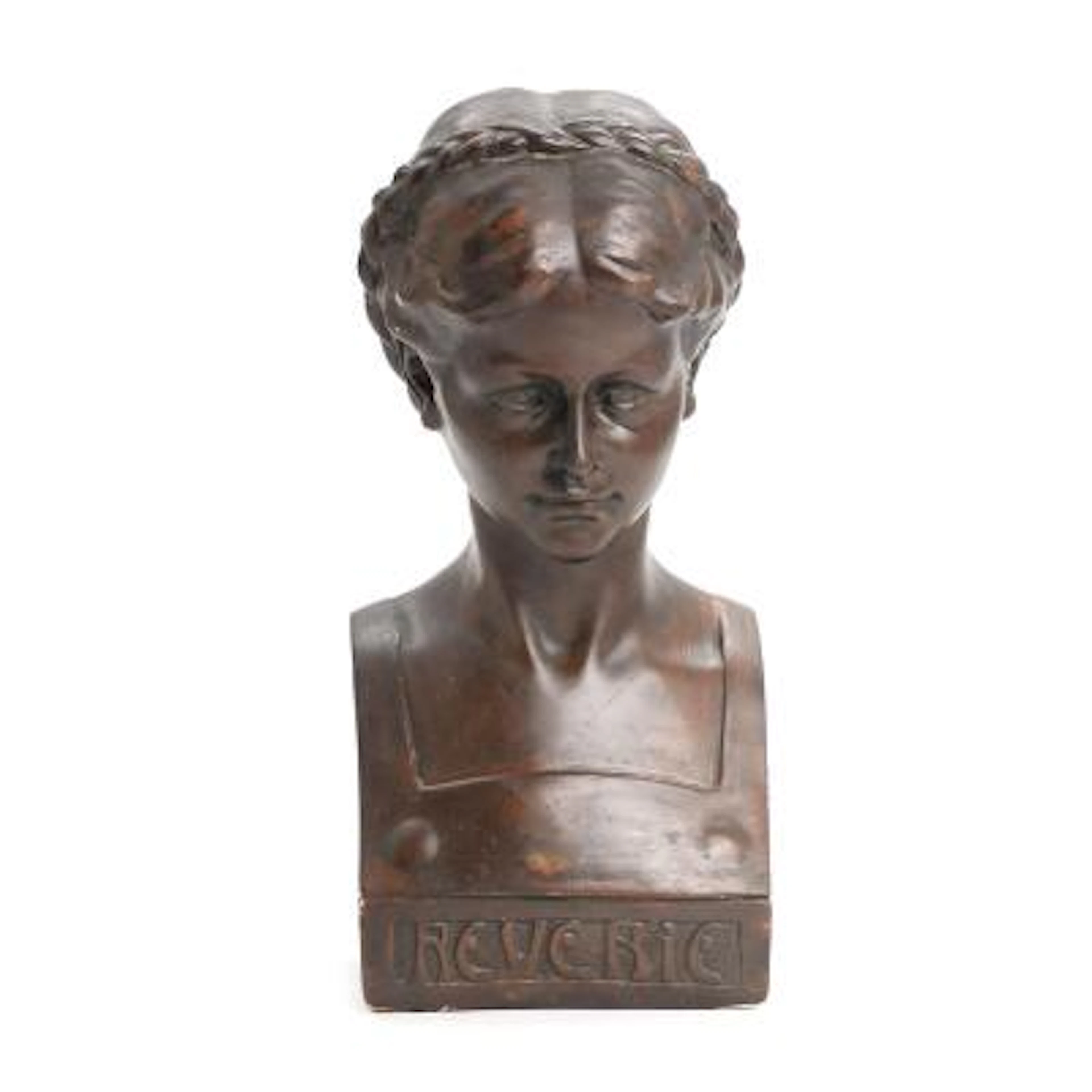 Artist unknown, C. 1900: "Reverie". A plaster bust of a young woman.