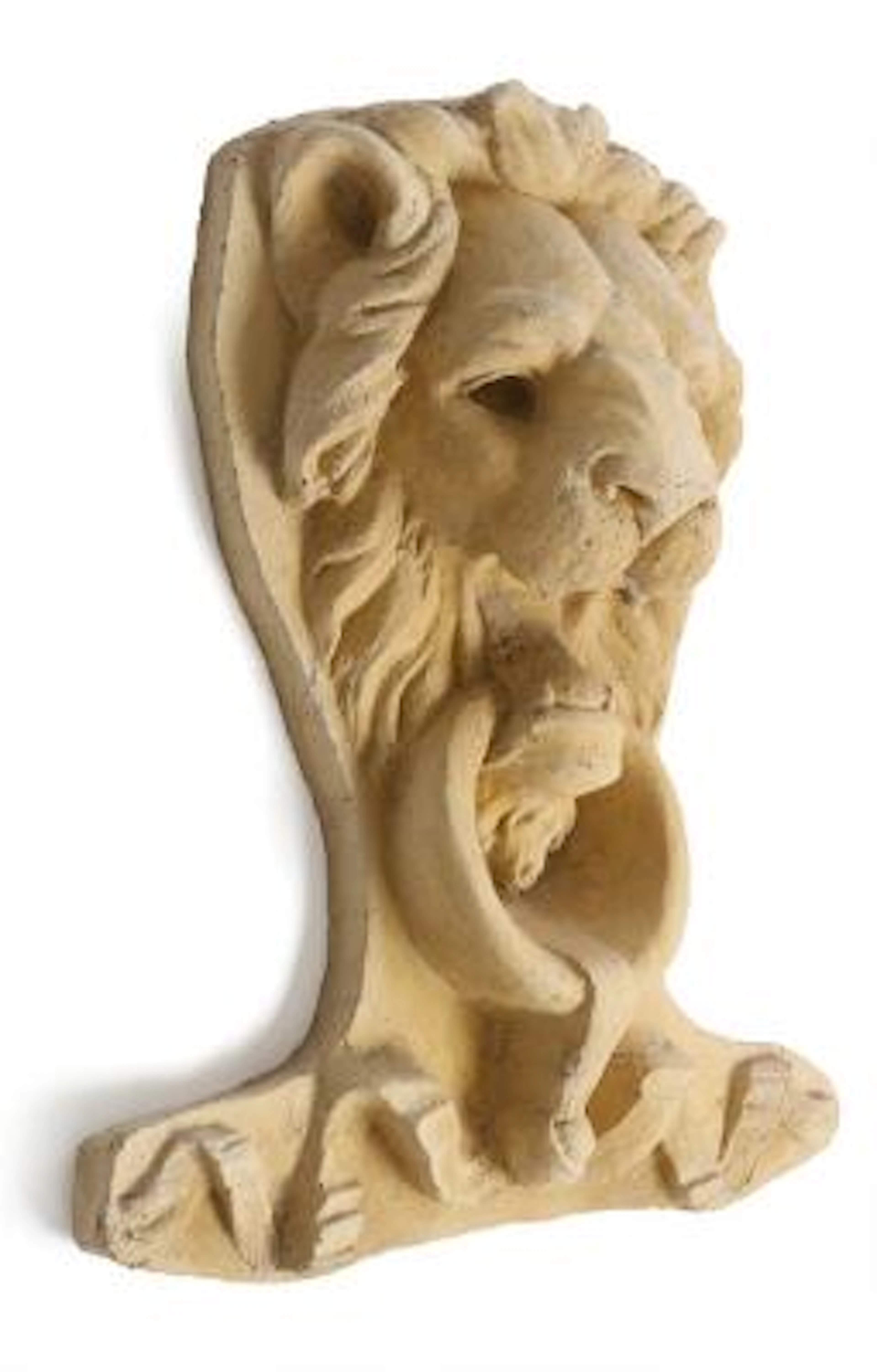 Wall decoration in artificial stone in the form of a lion's head.