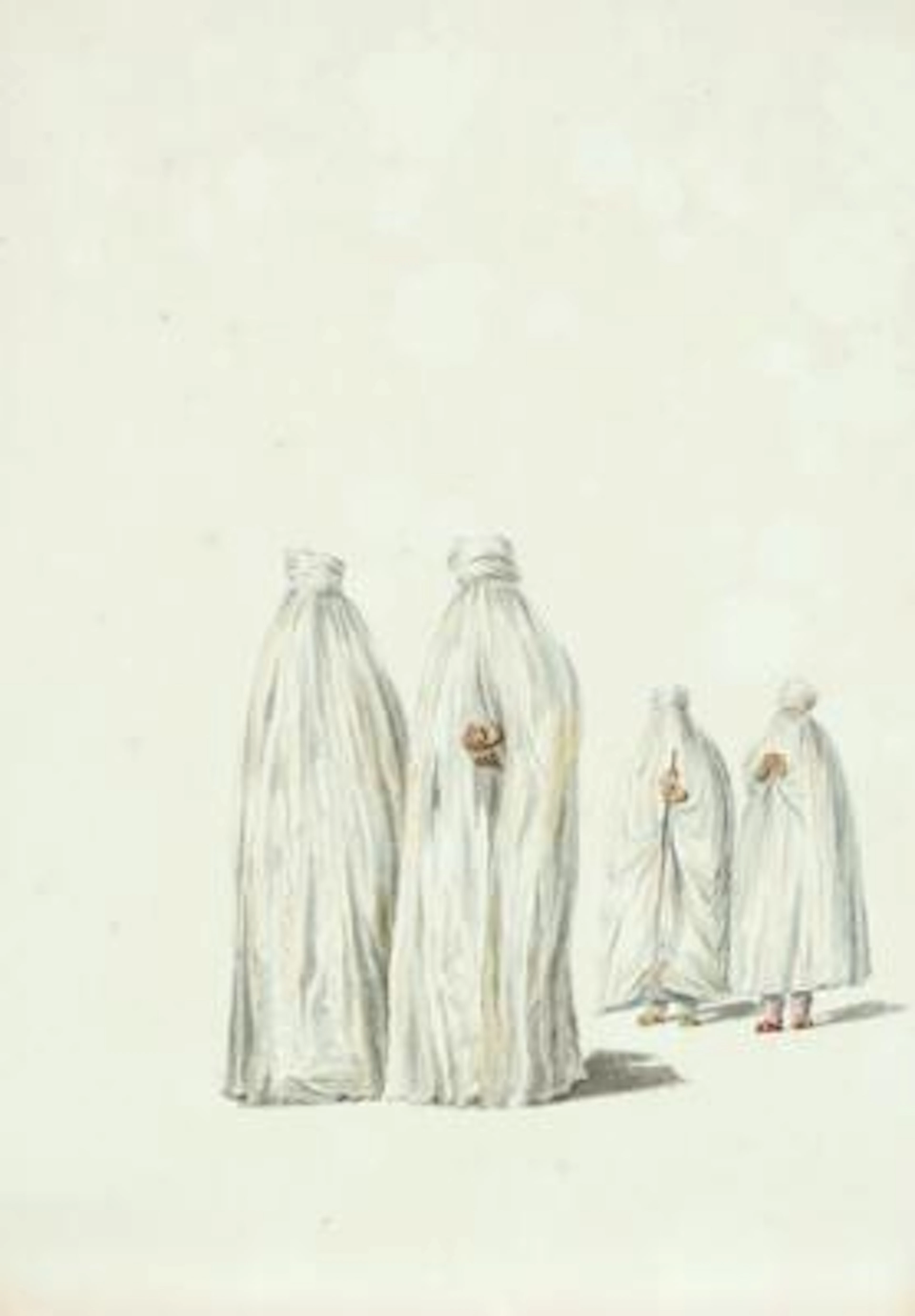 Indian artist c. 1820: Four persons wearing burqas Watercolour. On
