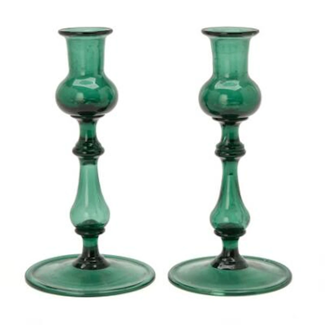 Pair of candlesticks in green glass in Baroque style. 19th century.