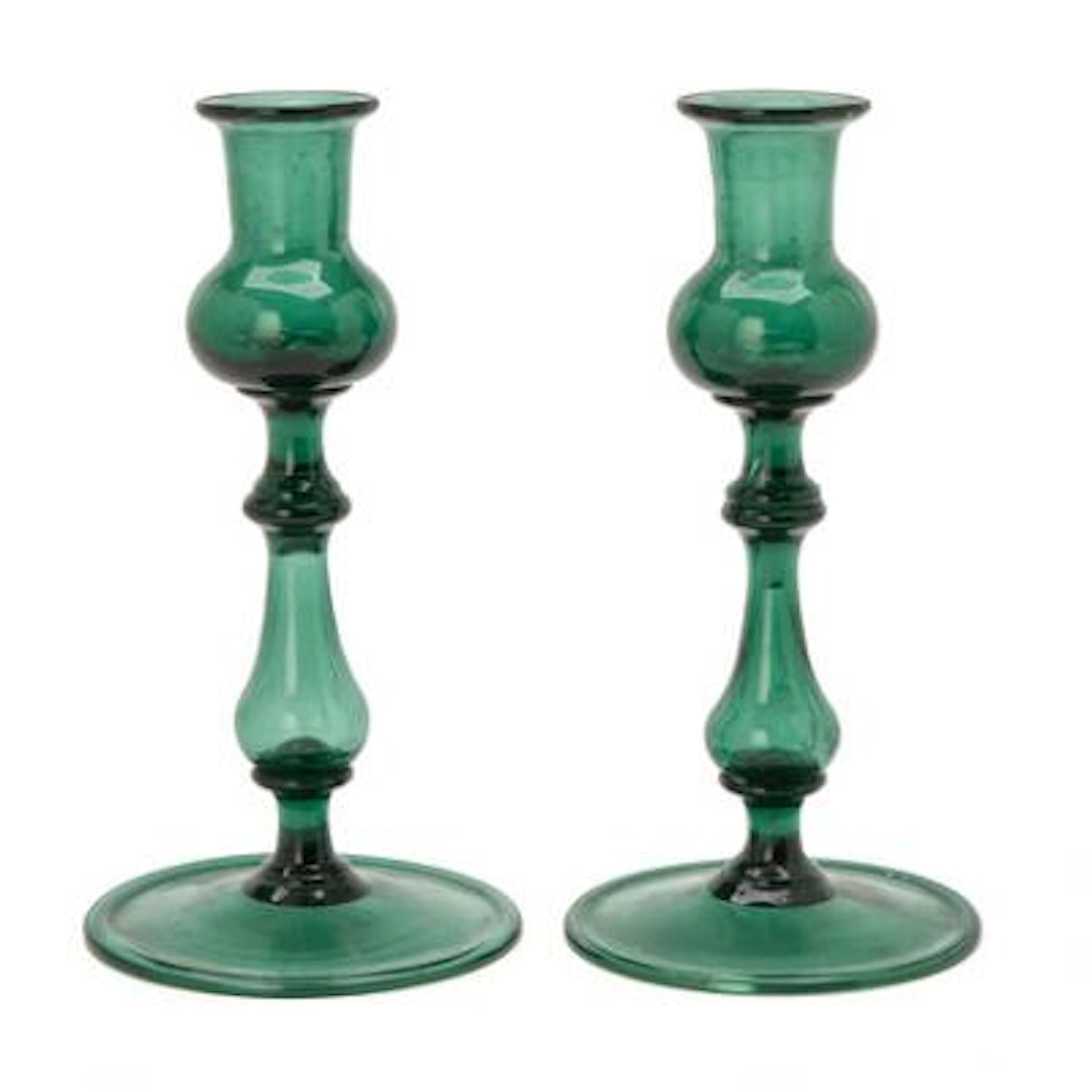 Pair of candlesticks in green glass in Baroque style. 19th century.