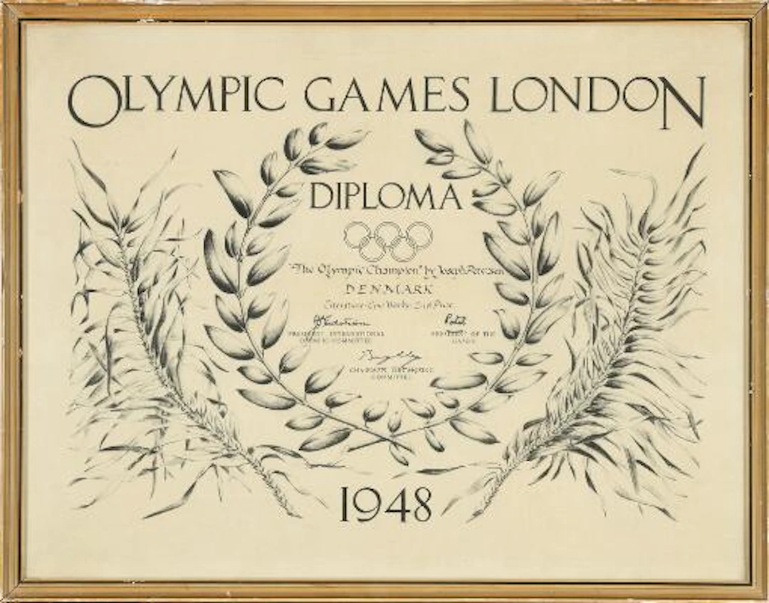 Certificate for a silver medal at the Olympic Games in London, 1948.