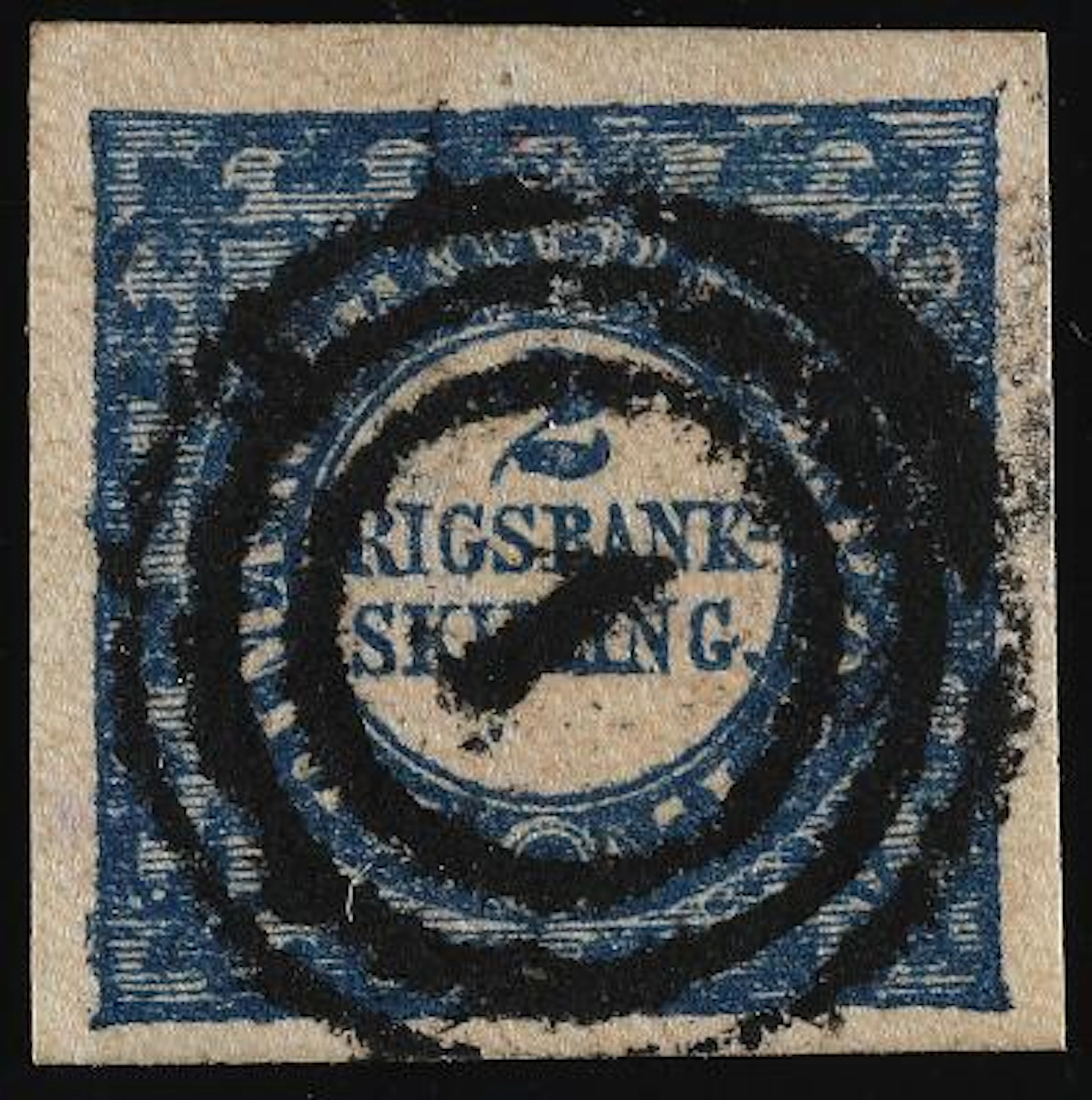 1852. 2 Rigsbankskilling, blue. Thiele. Plate I, nr. 58. Type 2 DIS