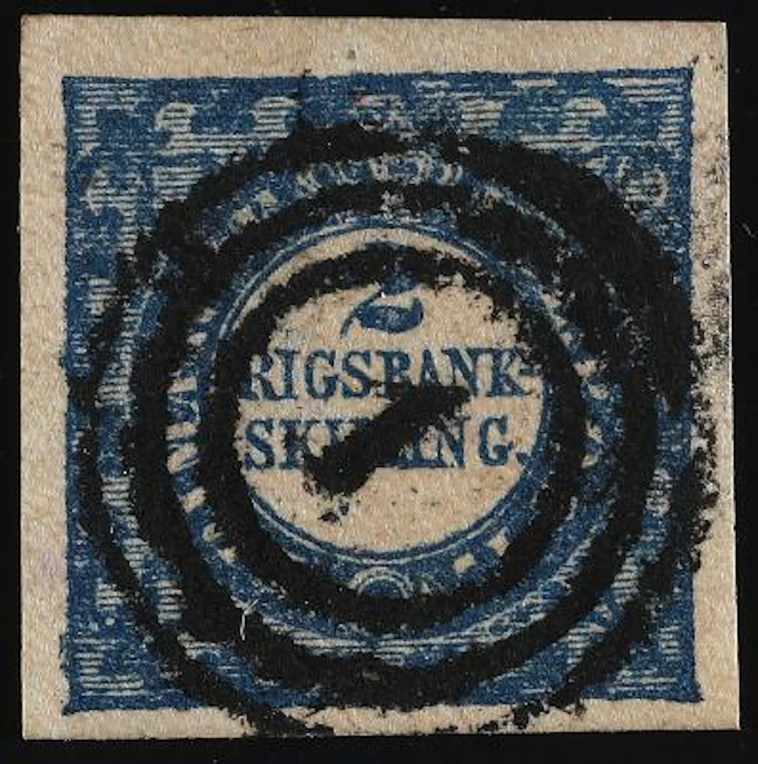 1852. 2 Rigsbankskilling, blue. Thiele. Plate I, nr. 58. Type 2 DIS