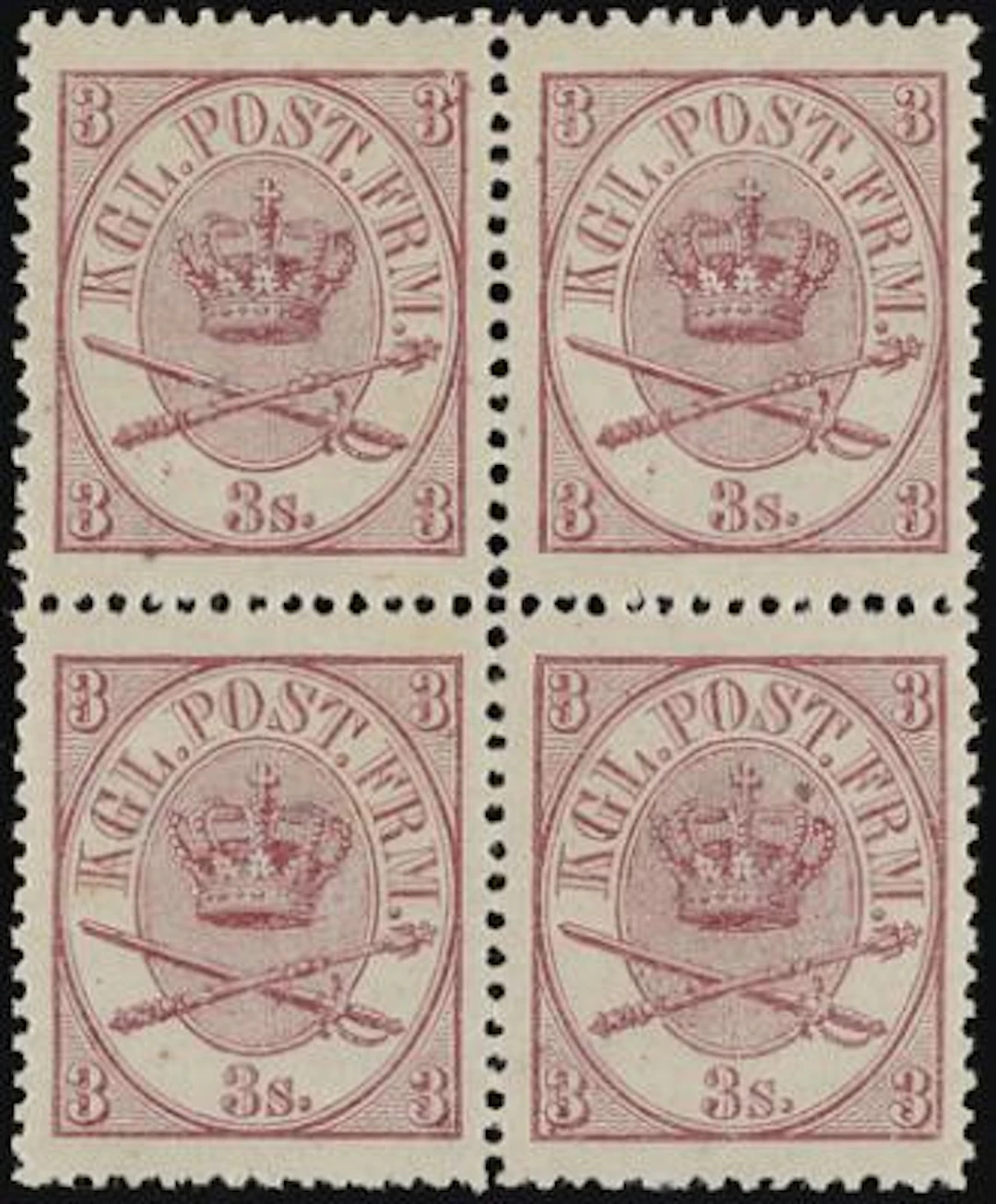 1864. 3 sk. lilac. 2. print. Perfect MNH block of 4 with 2 varieties