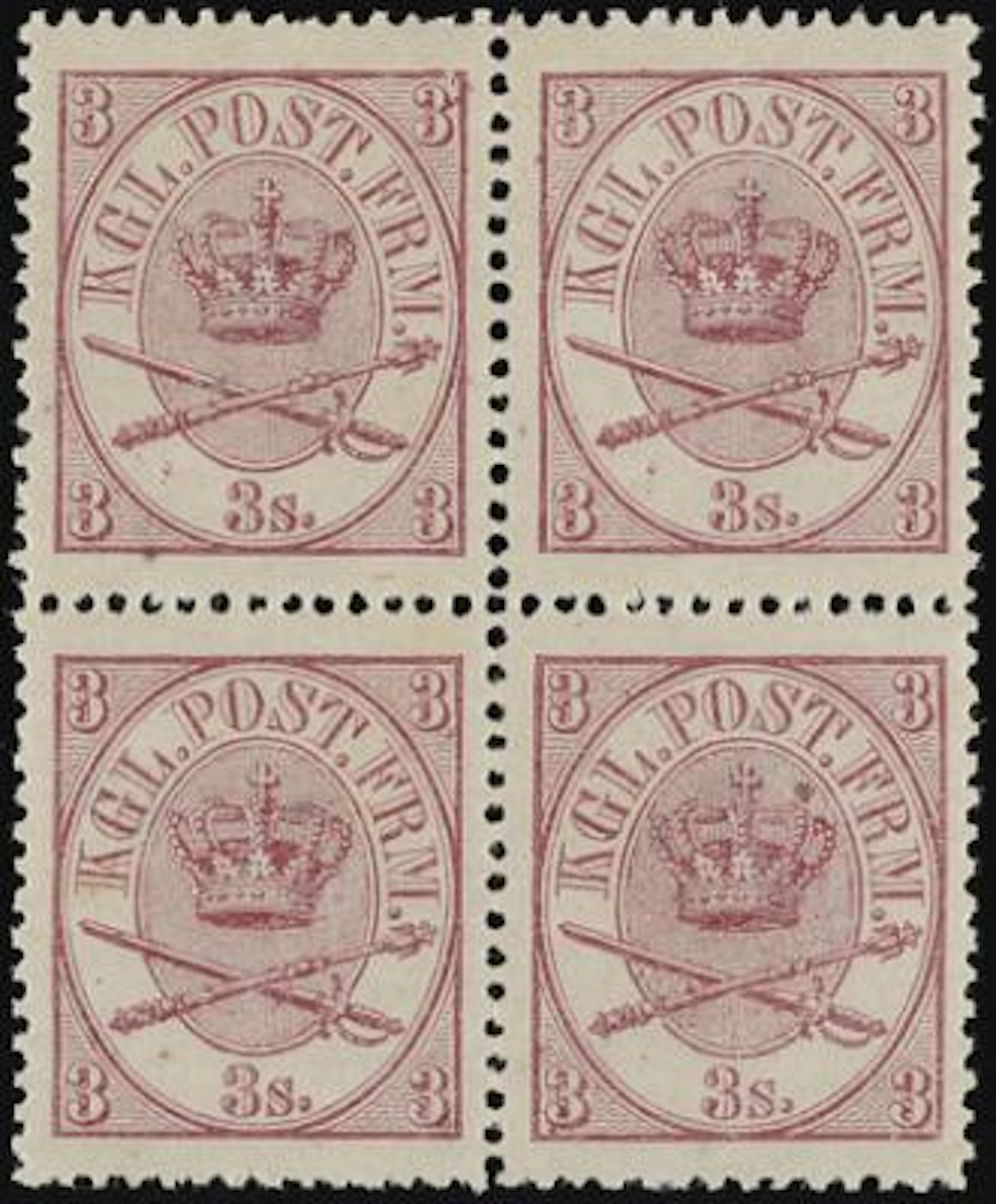 1864. 3 sk. lilac. 2. print. Perfect MNH block of 4 with 2 varieties