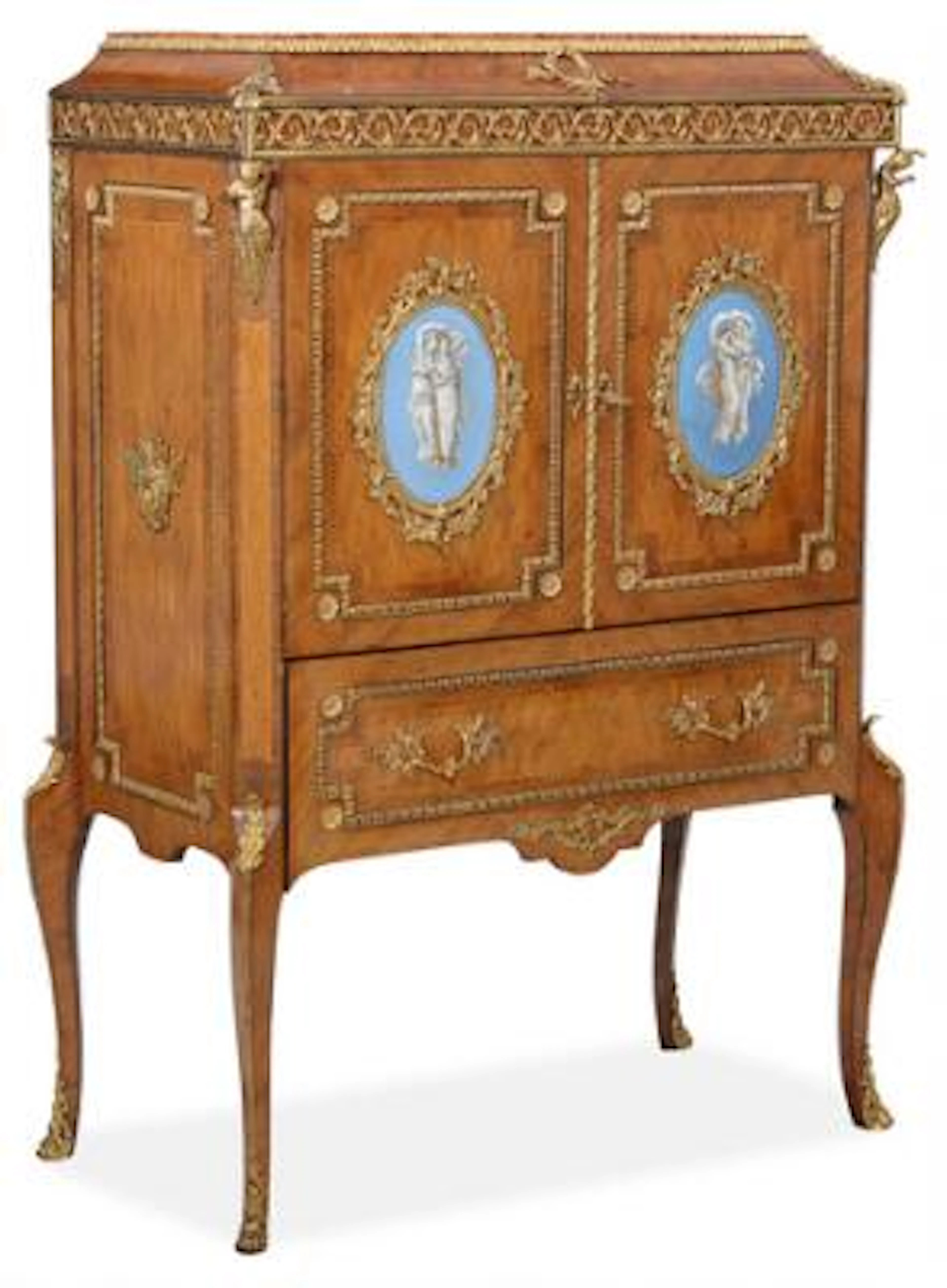 A French mahogany marquettery cabinet, gilt bronze fittings. Transitional