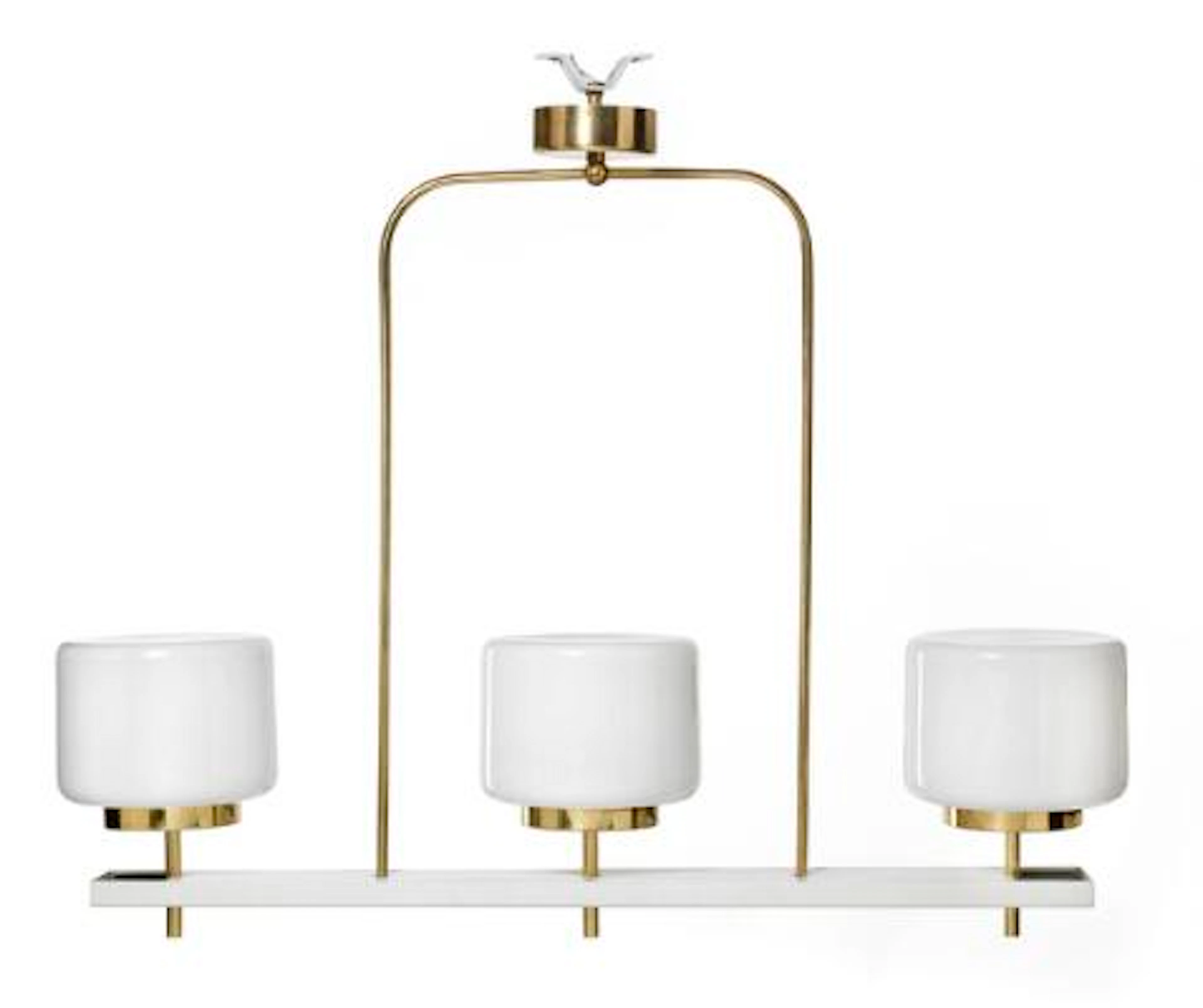 Paavo Tynell: Ceiling lamp with white painted metal and brass frame.