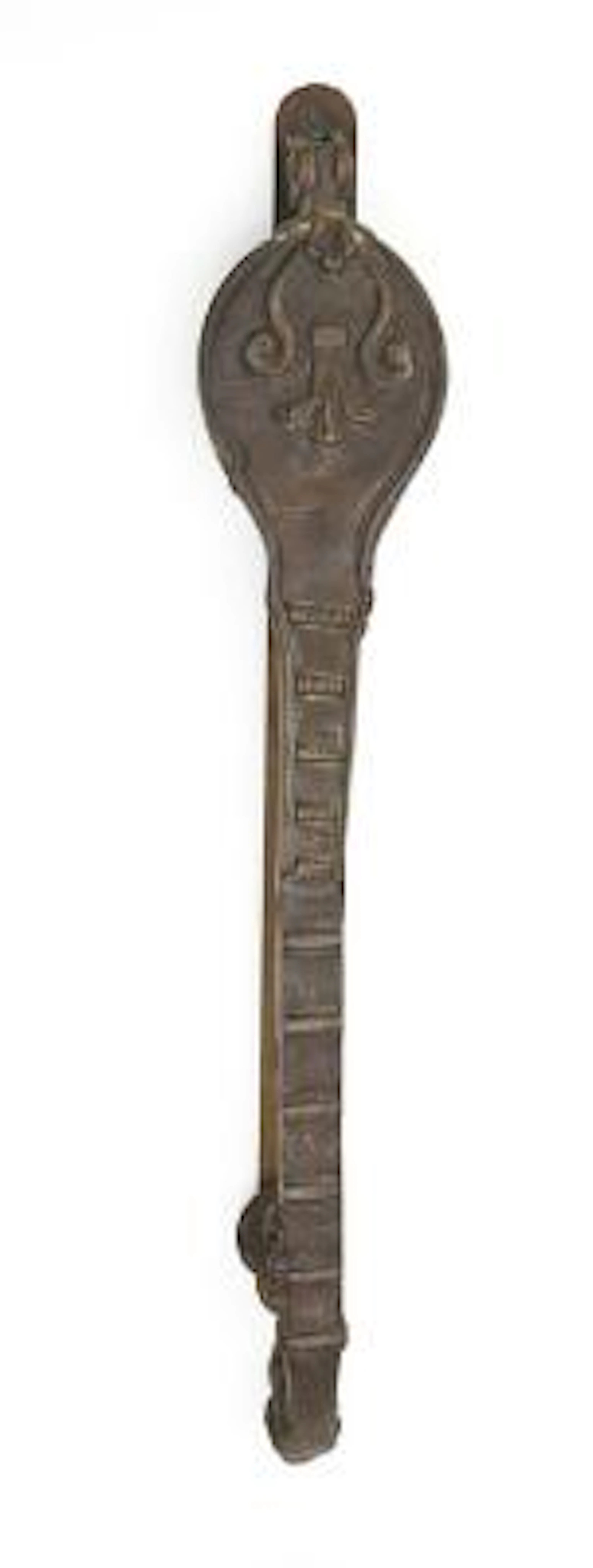 Iron door knocker, forged with horse head and fleur-de-lis. 17th century.