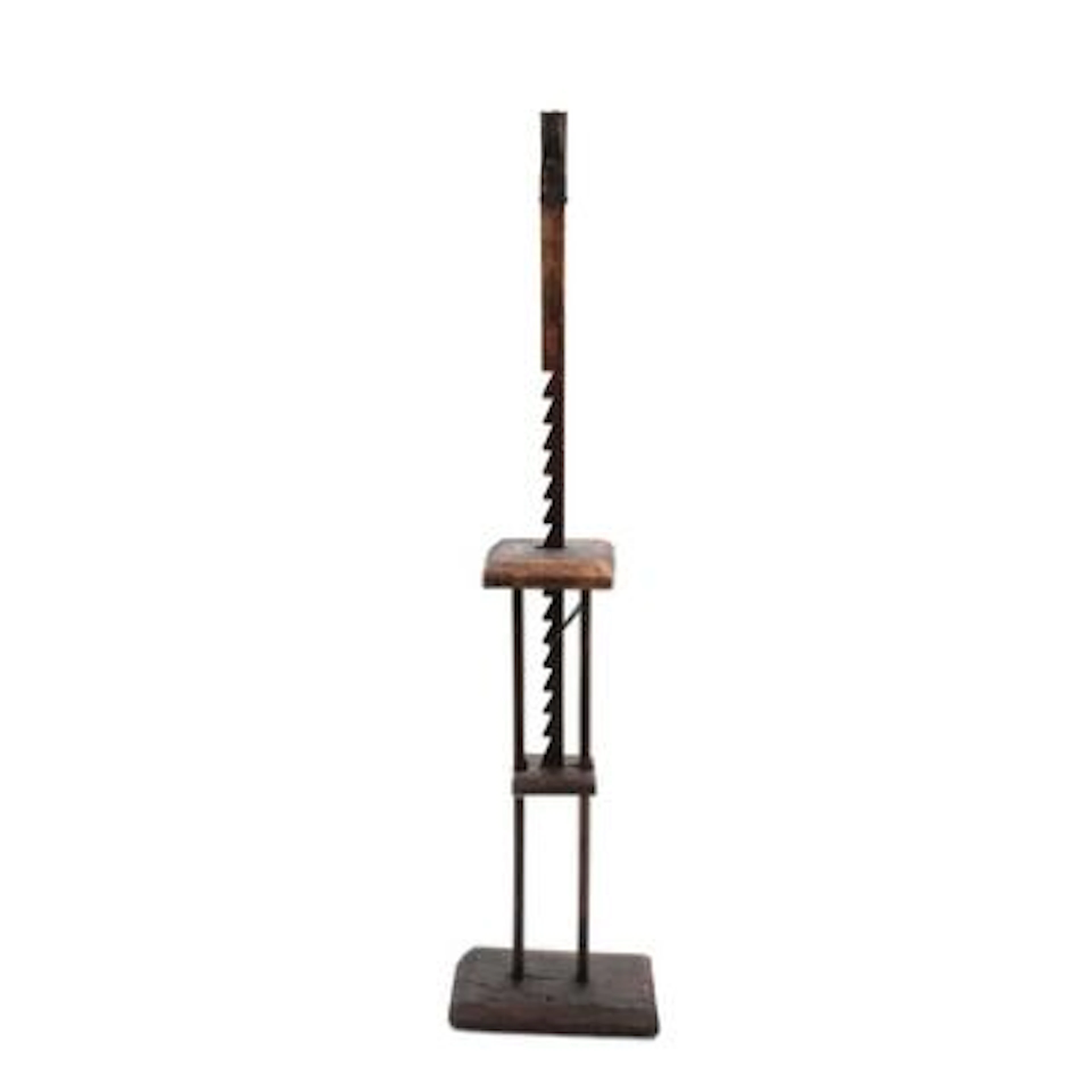 A height adjustable wood and iron floor candlestick. 18th-19th century.