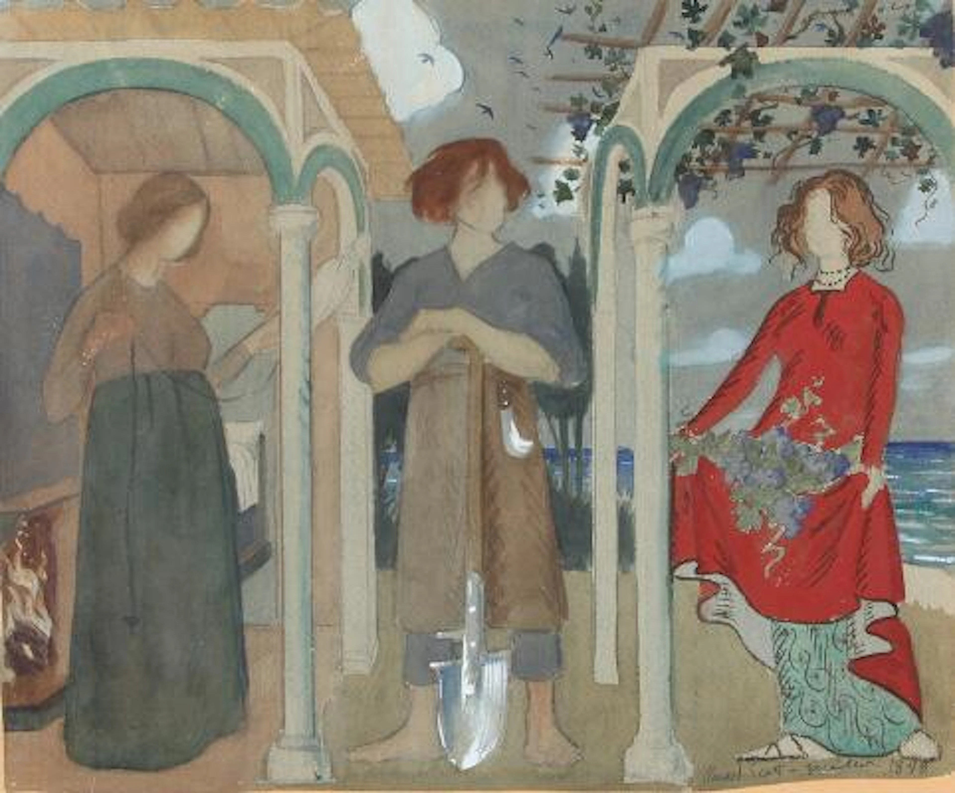 Harald Slott-Møller: Allegorical scene with three figures. Signed.