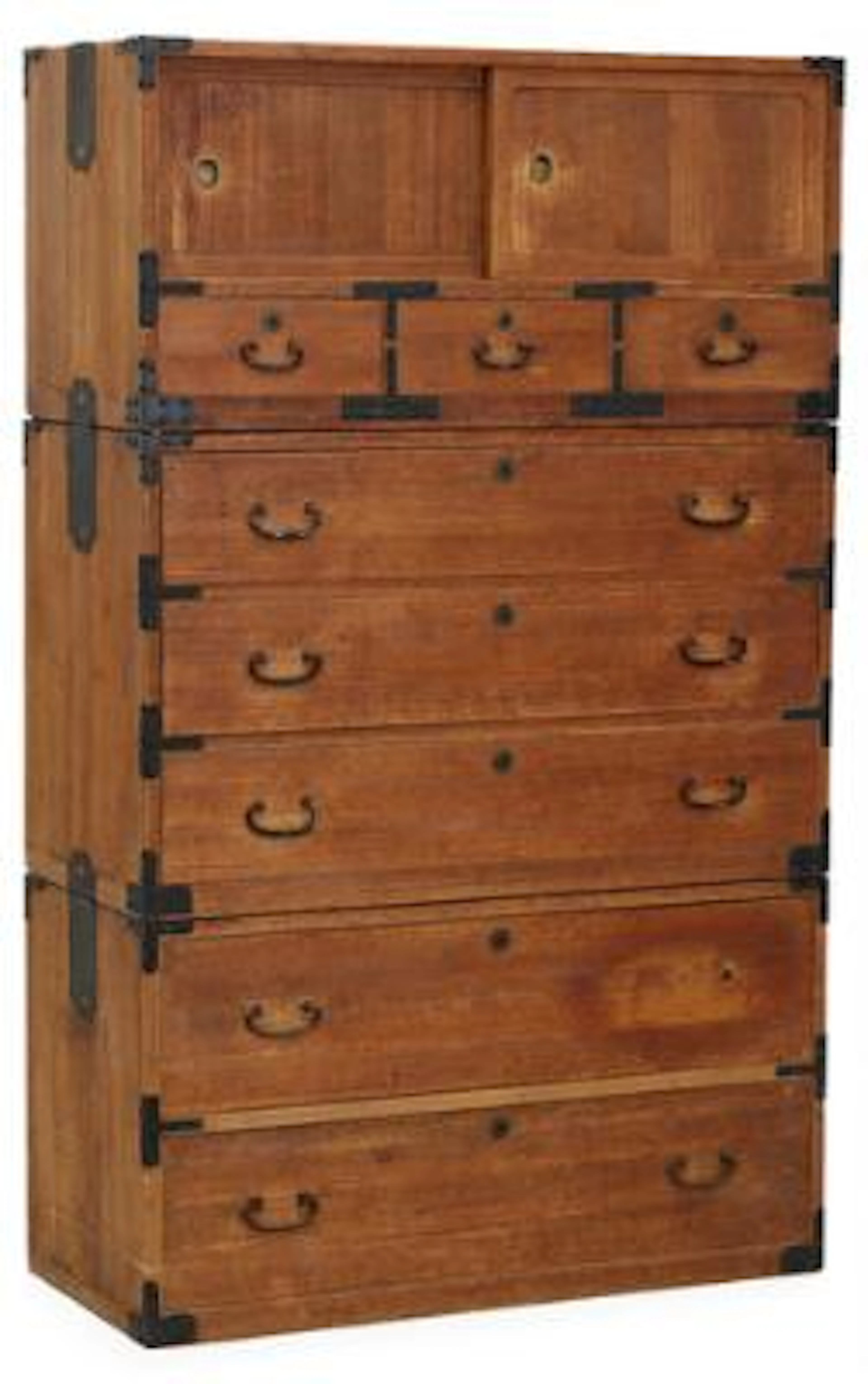 Korean travel chest drawer in three parts, pine and fruit wood with