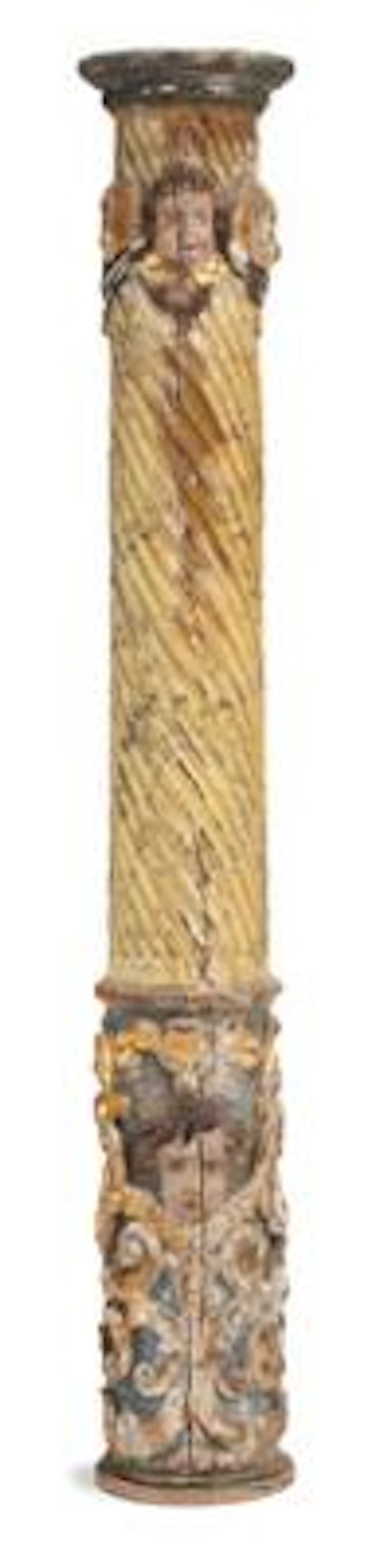 A Spanish or Italian Baroque column of painted and giltwood, carved