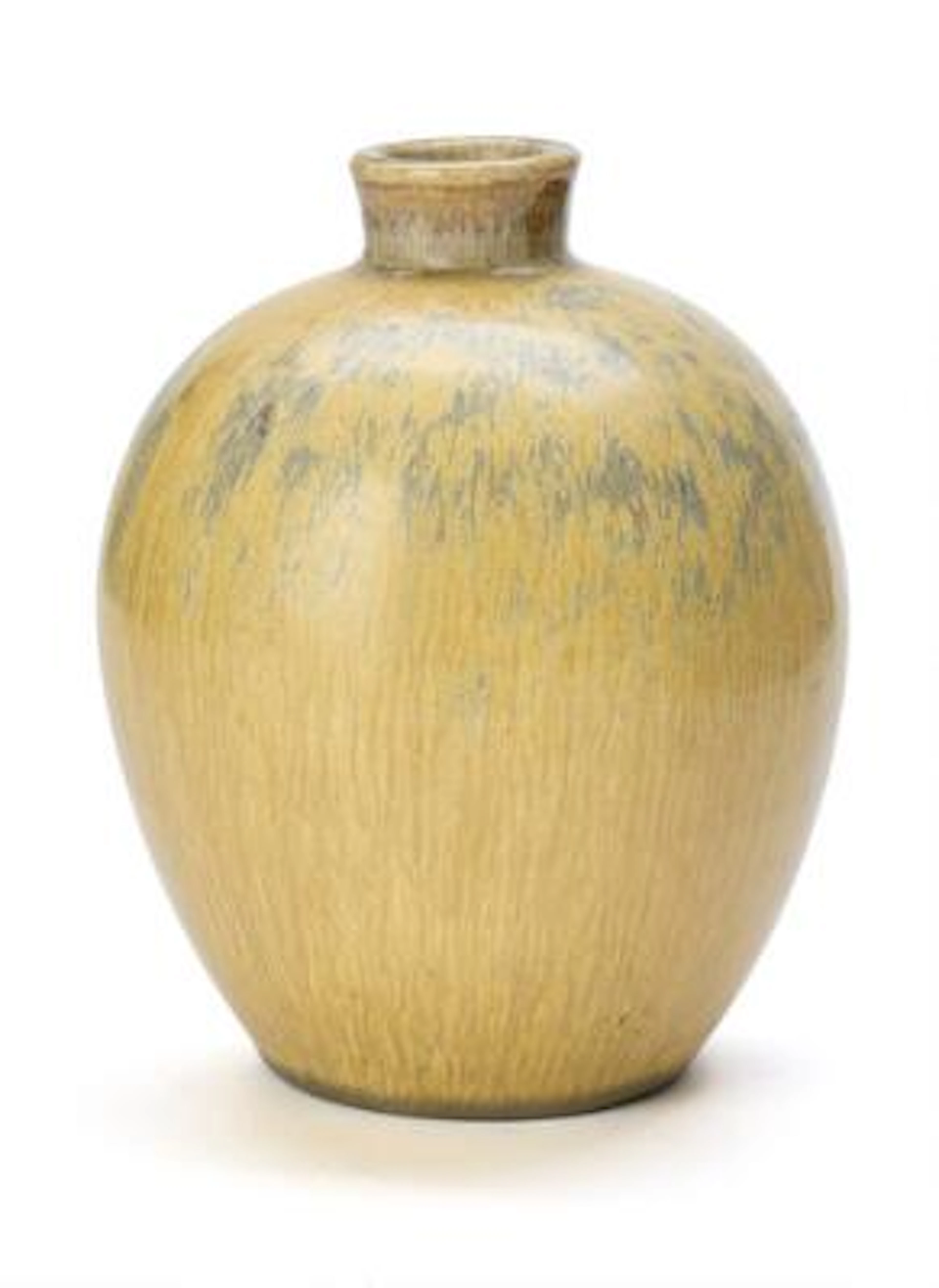 Saxbo: Stoneware vase with narrow opening, decorated with yellow and