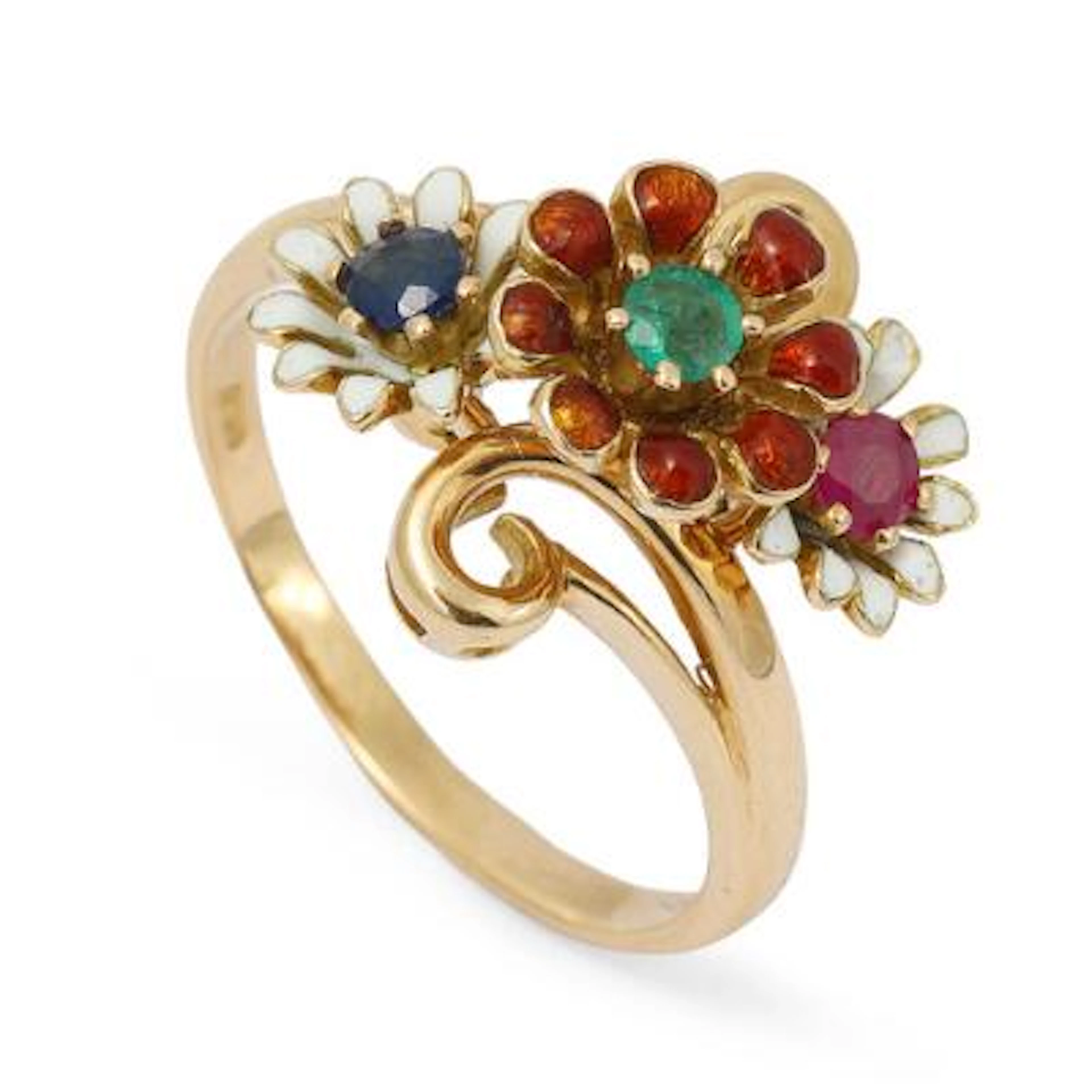 A ring in the shape of flowers set with emerald, ruby, sapphire and