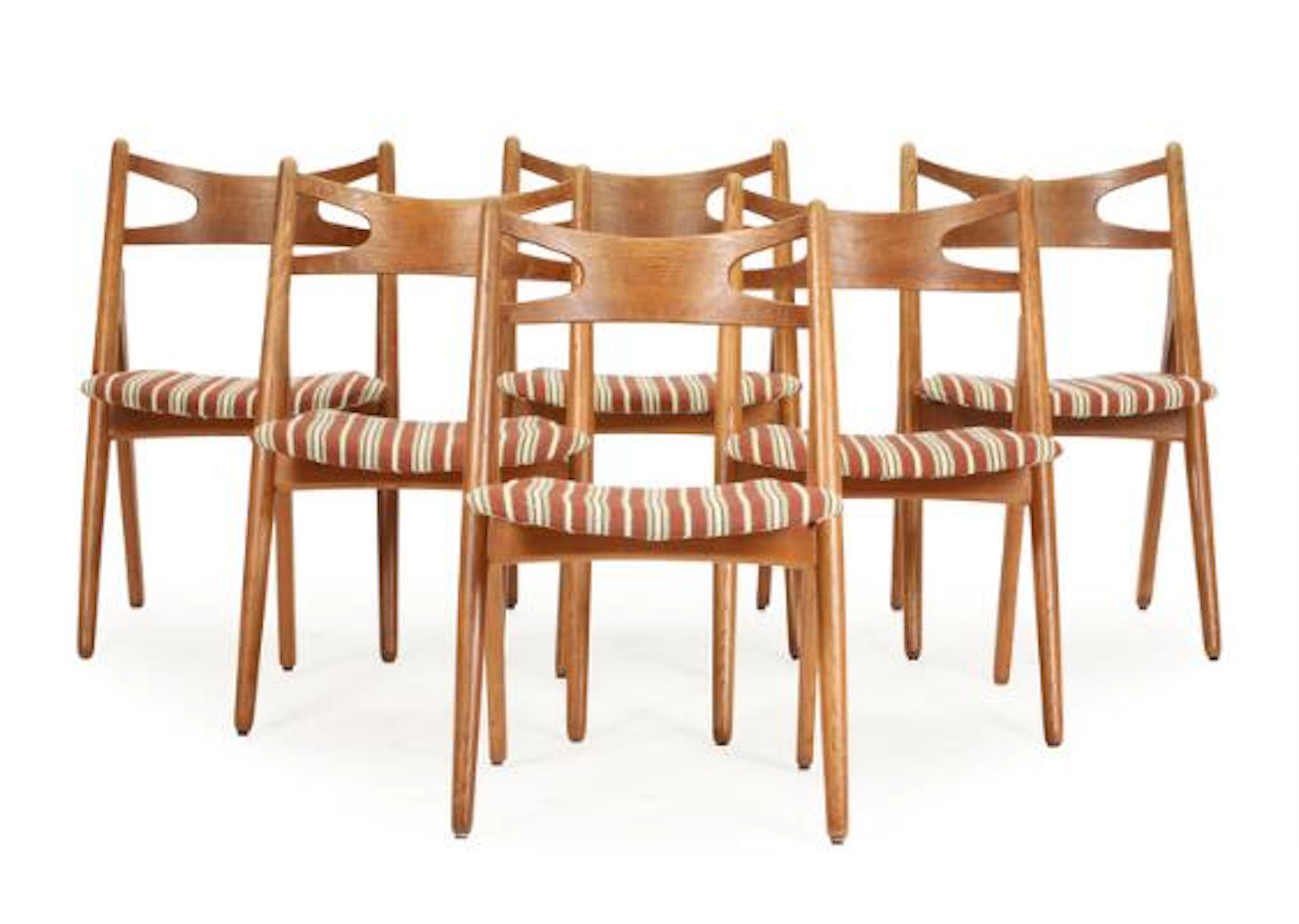 Hans J. Wegner: "Saw horse chair". Six oak chairs, upholstered in