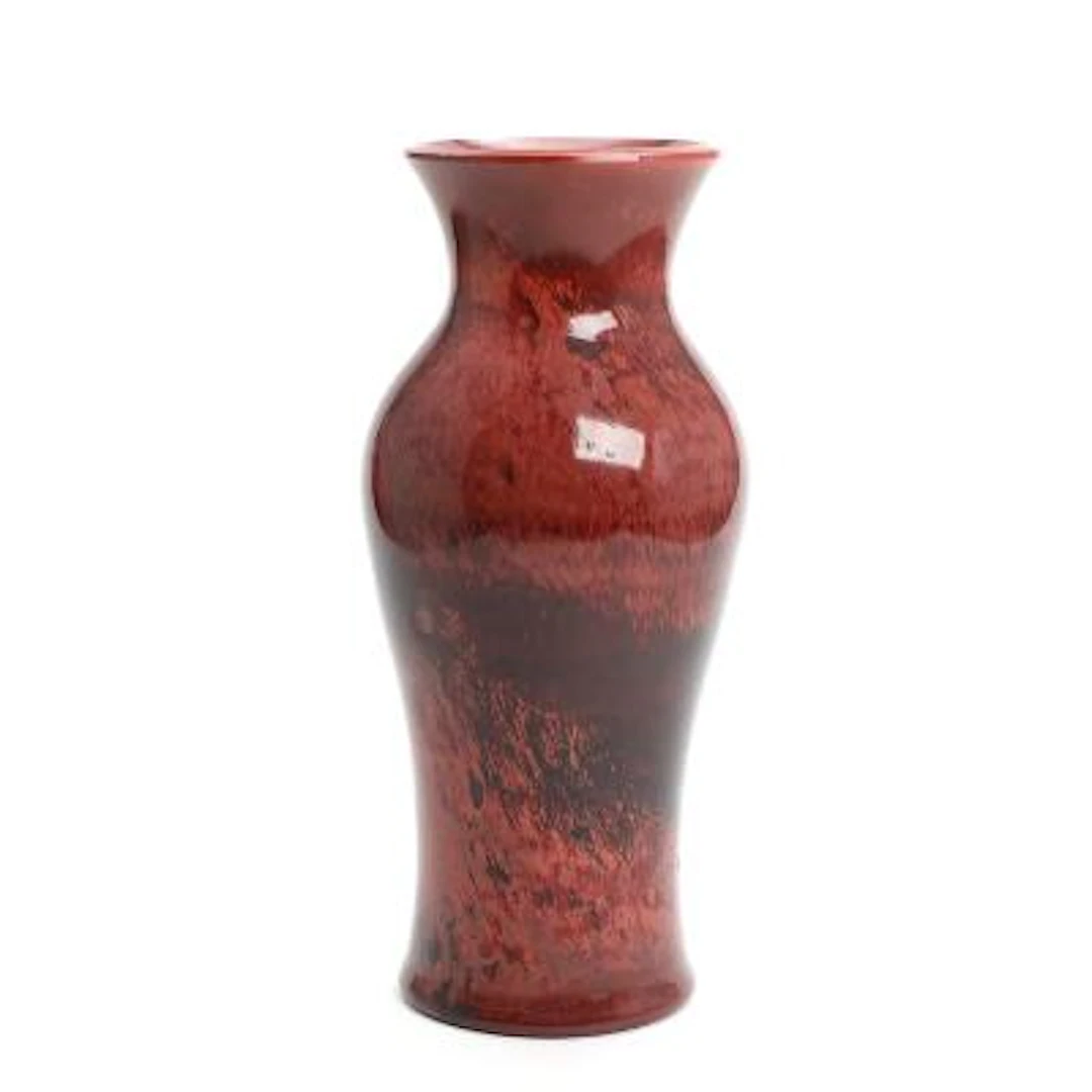 A red hyalite glass vase of baluster shape. Manufactured by Fyns Glasværk.