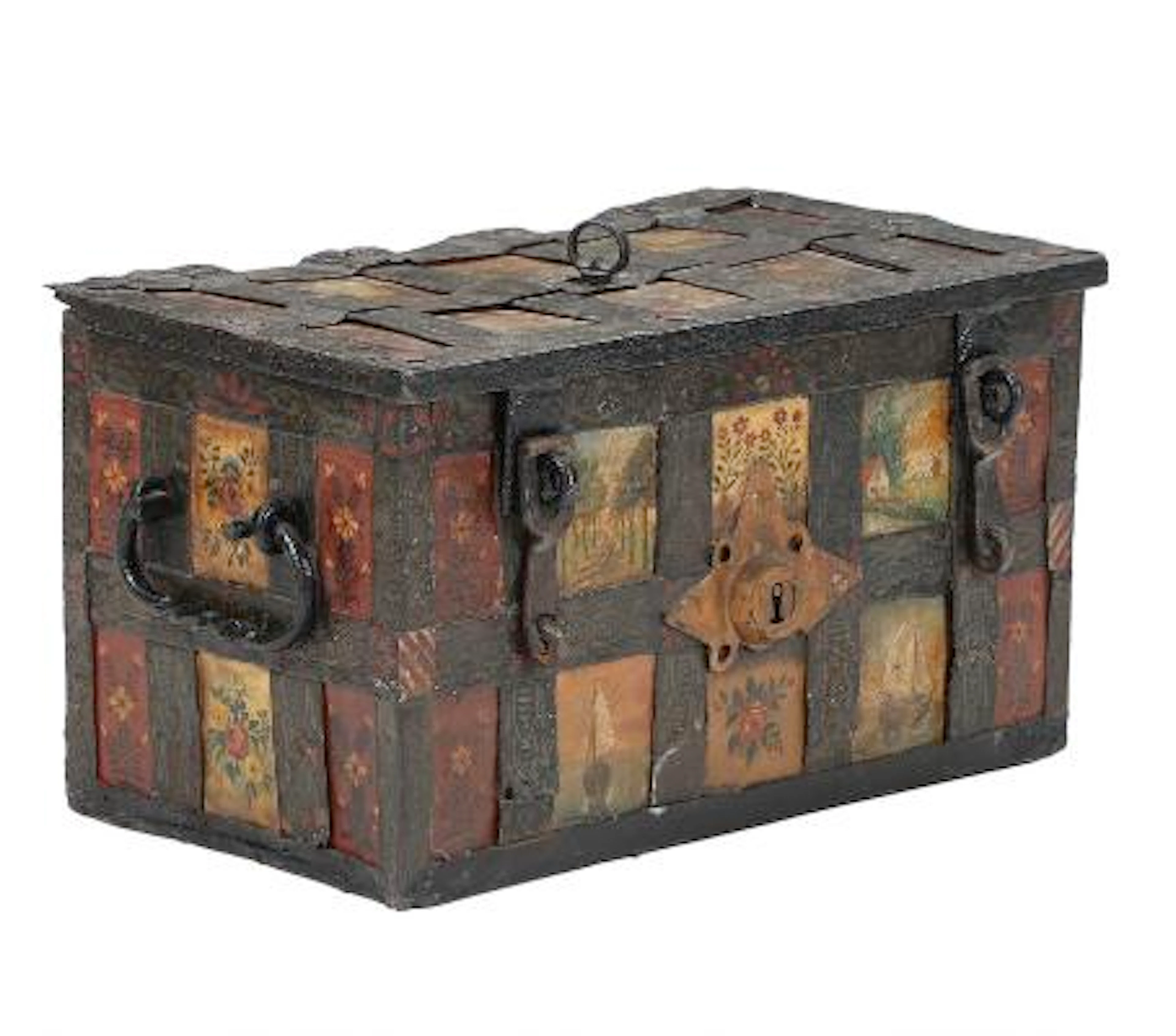 A Dutch Baroque iron money chest, decorated with decorative motifs.