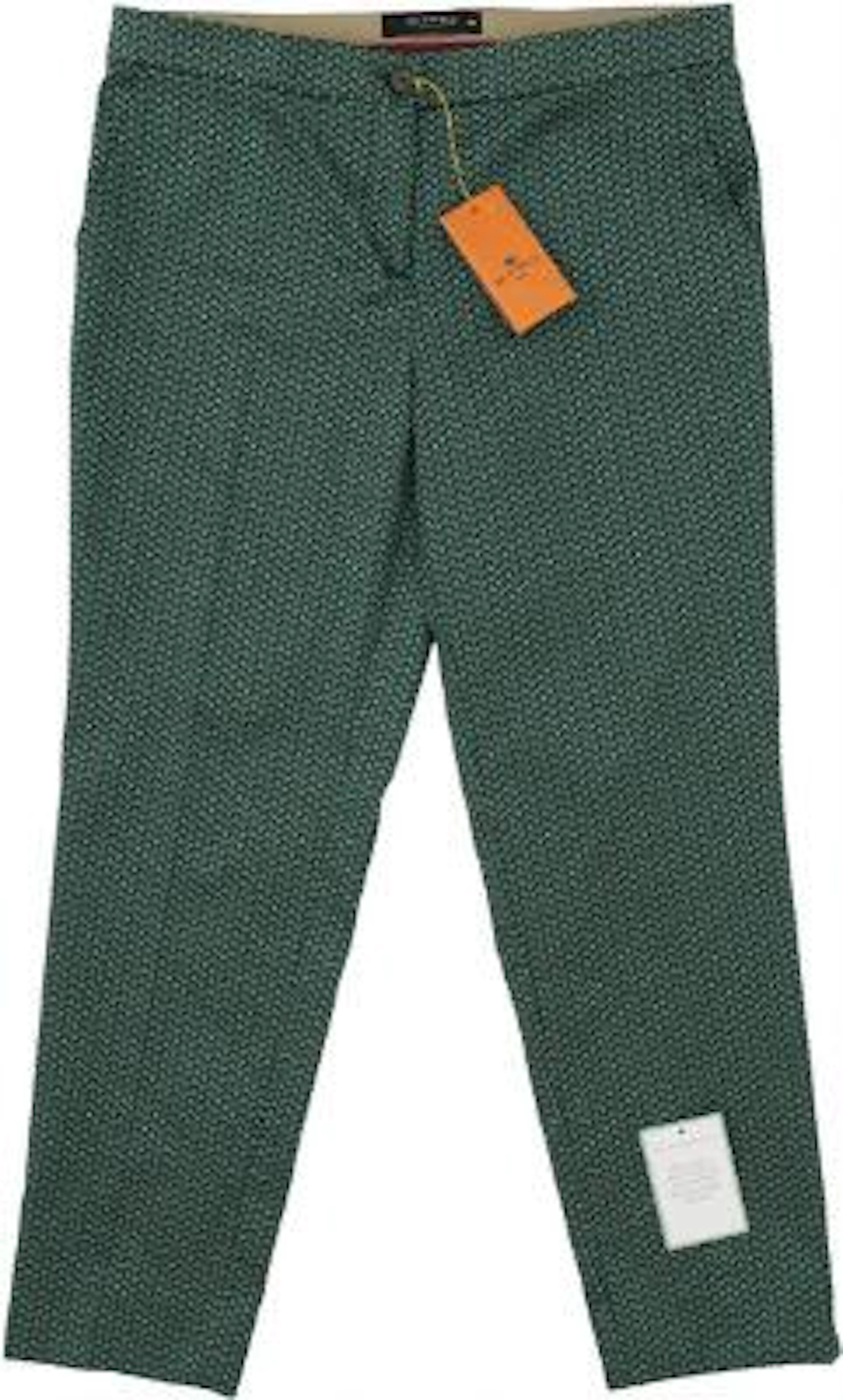 A pair of trousers in green and blue print, two pockets on the front