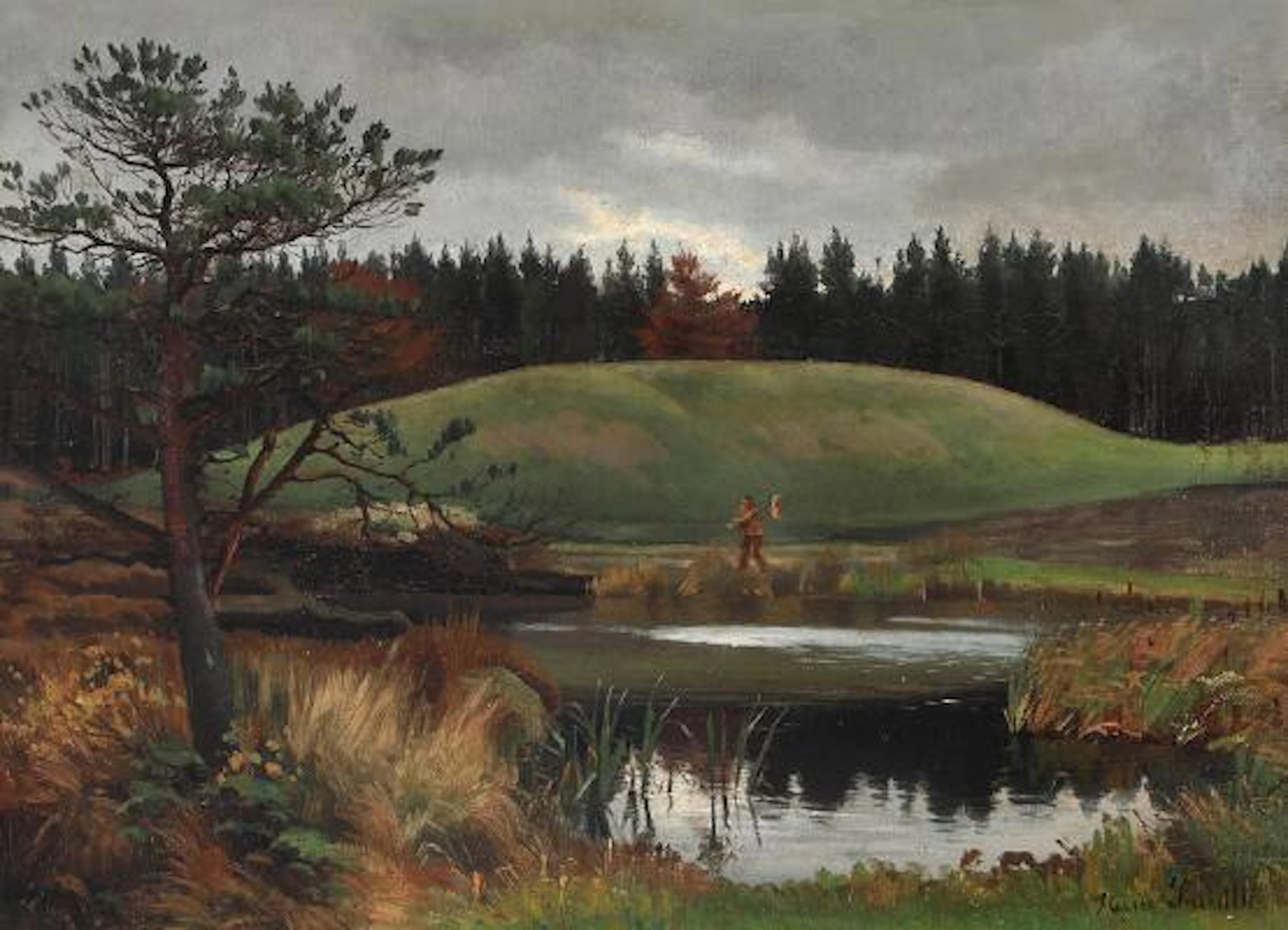 Hans Smidth: Landscape with a plantation and a pond. Signed Hans Smidth.