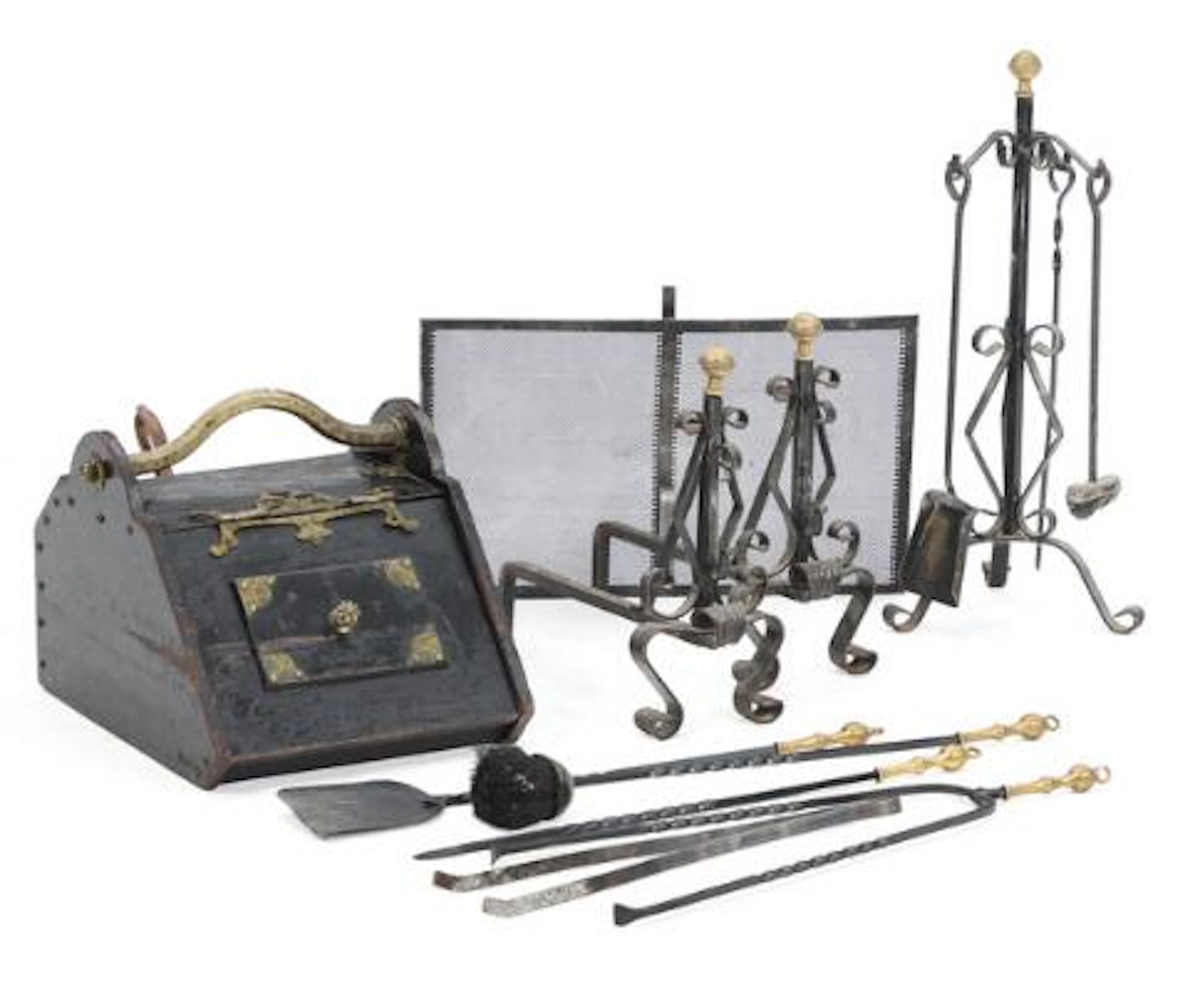 A selection of fireplace tools and a coke bucket of black-painted