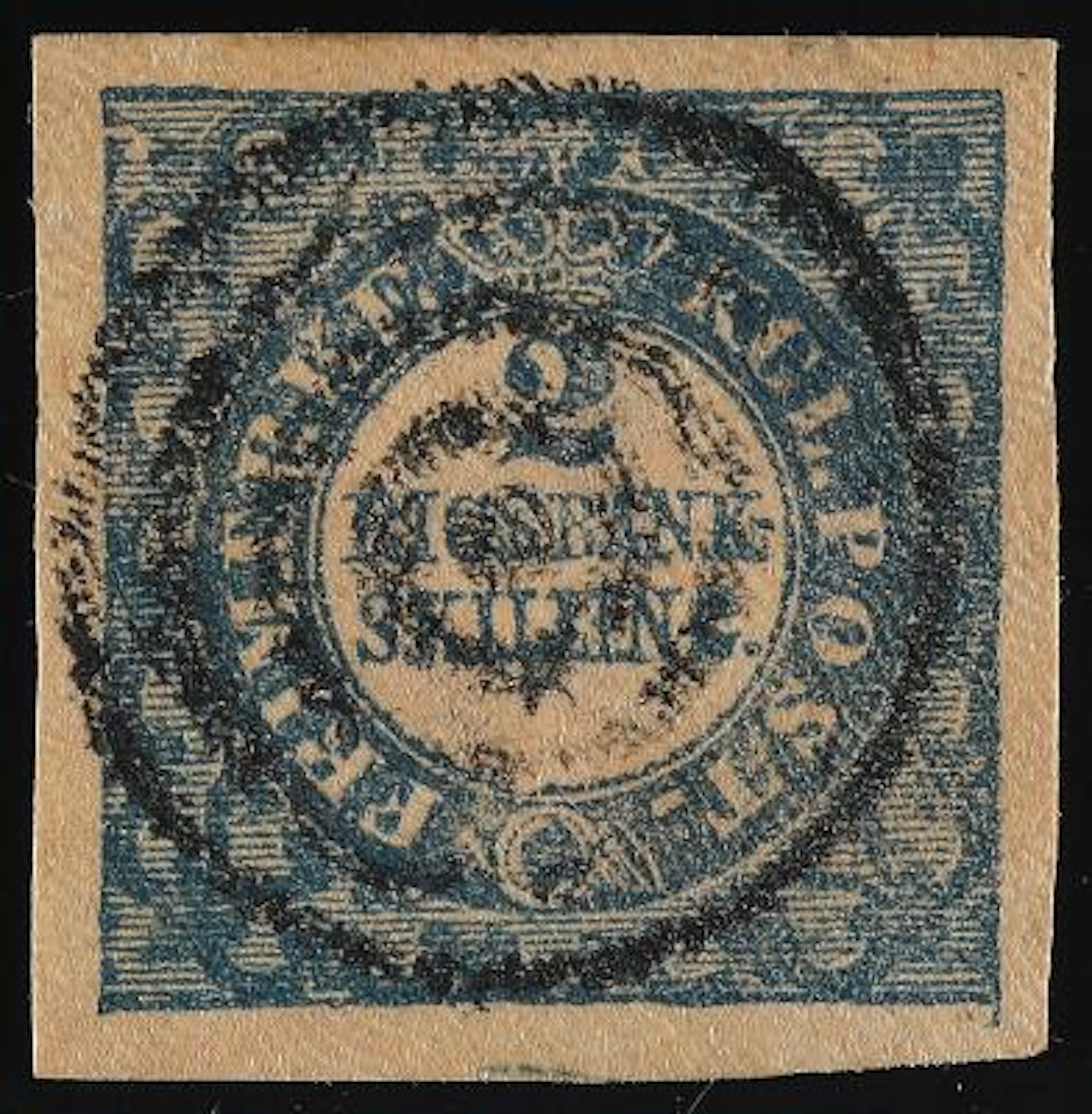 1851. 2 Rigsbankskilling, blue. Ferslew. Plate I, no. 42. Type 10.