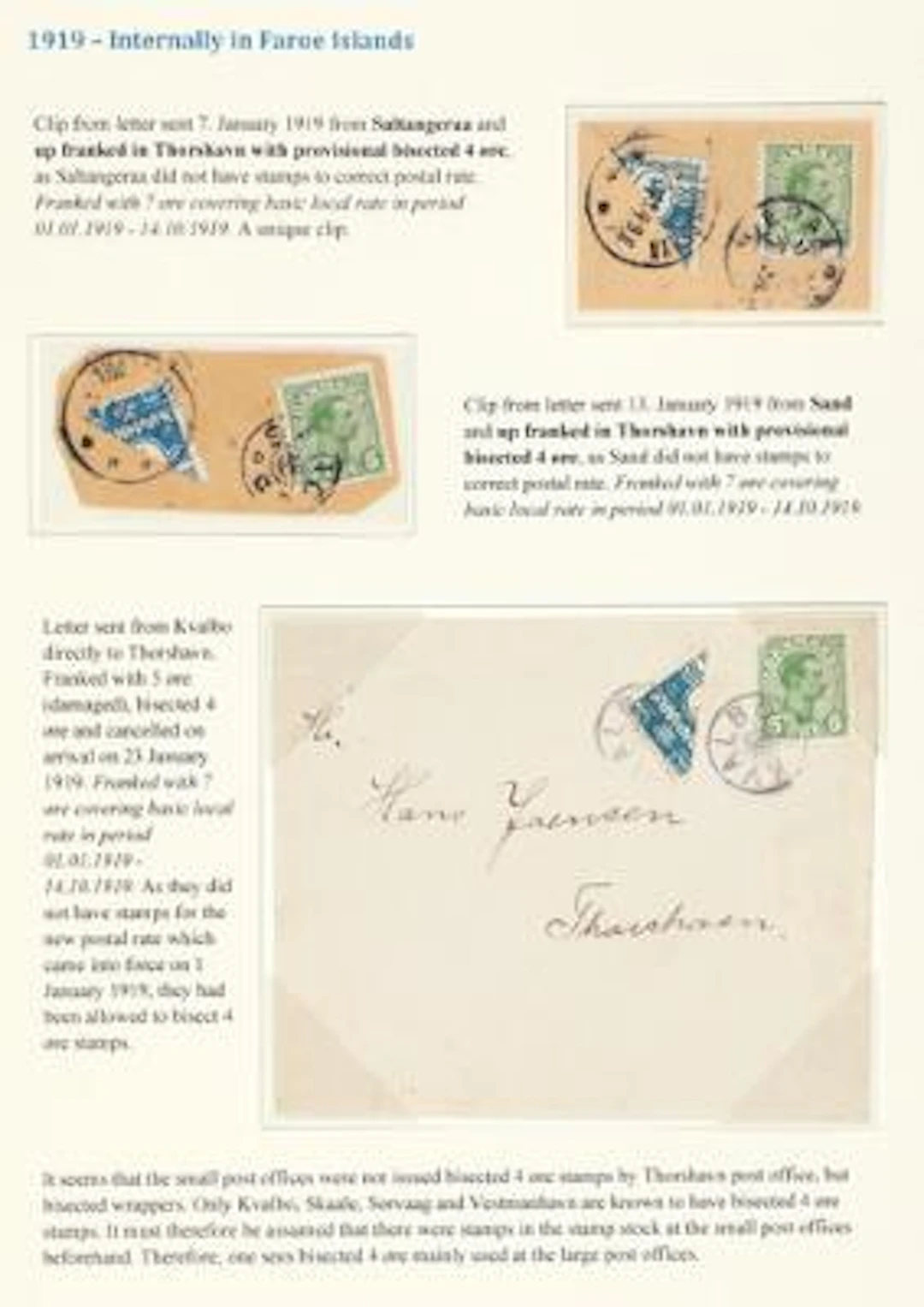 Faroe Islands. 1919. BI-SECTED 4 Øre, blue. Albumpage with 2 pieces