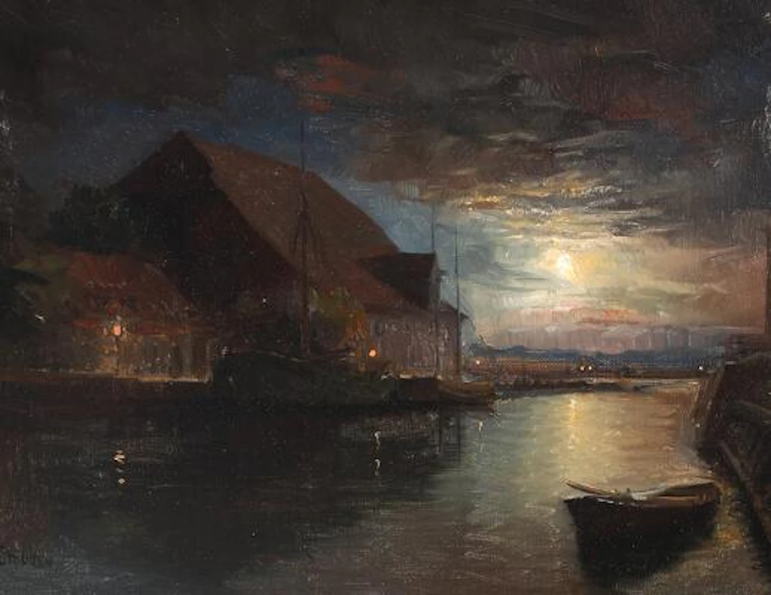 Otto Olsen: Harbour scene in moonlight. Signed Otto Olsen. Oil on