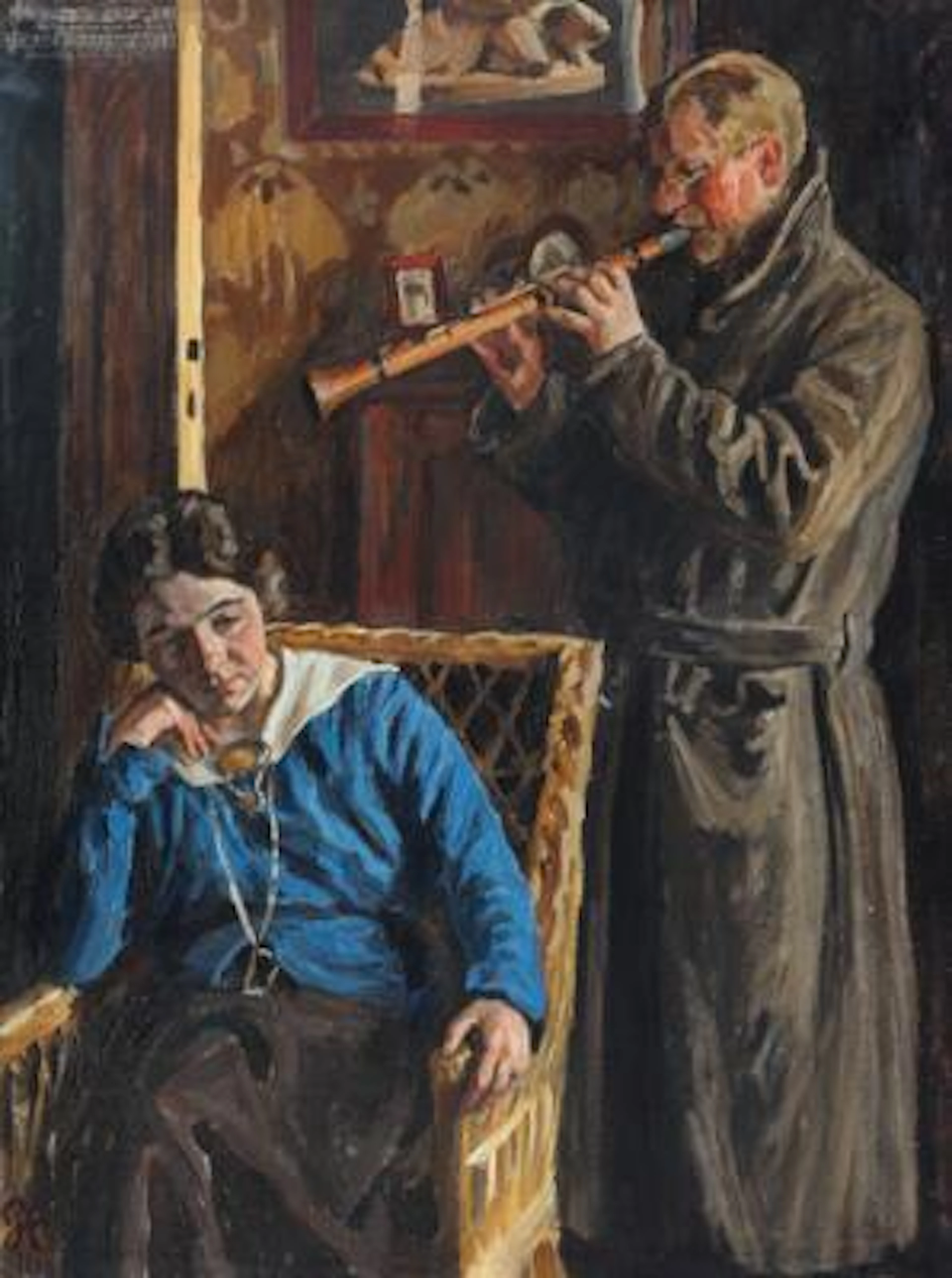 Peter Hansen: Interior with a man playing the clarinet to a woman