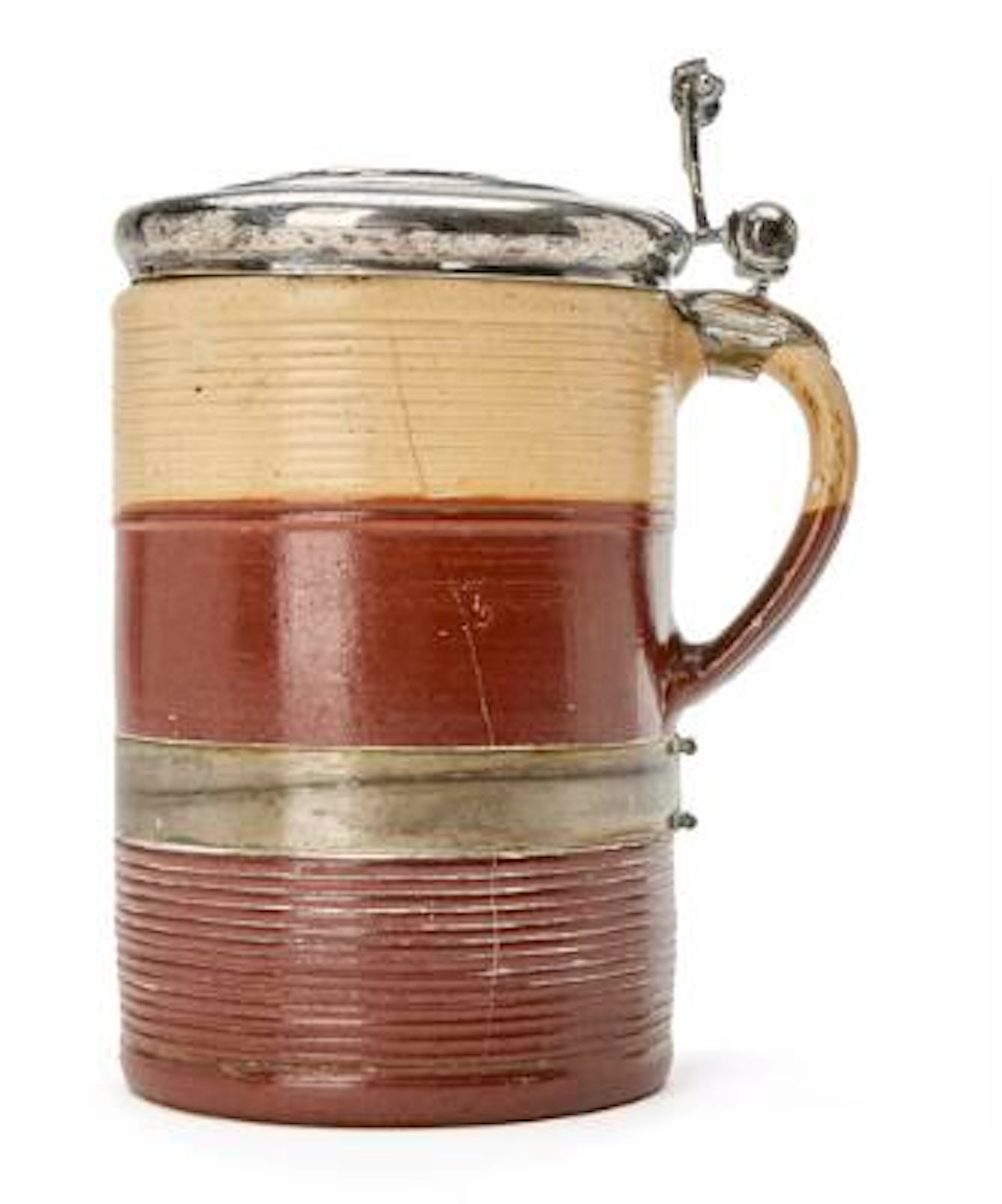 Stoneware mug mounted with silver lid inset German coin from 1628