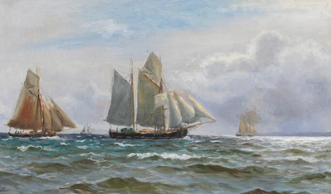 Holger Lübbers: Seascape with sailing ships at sea. Signed and dated