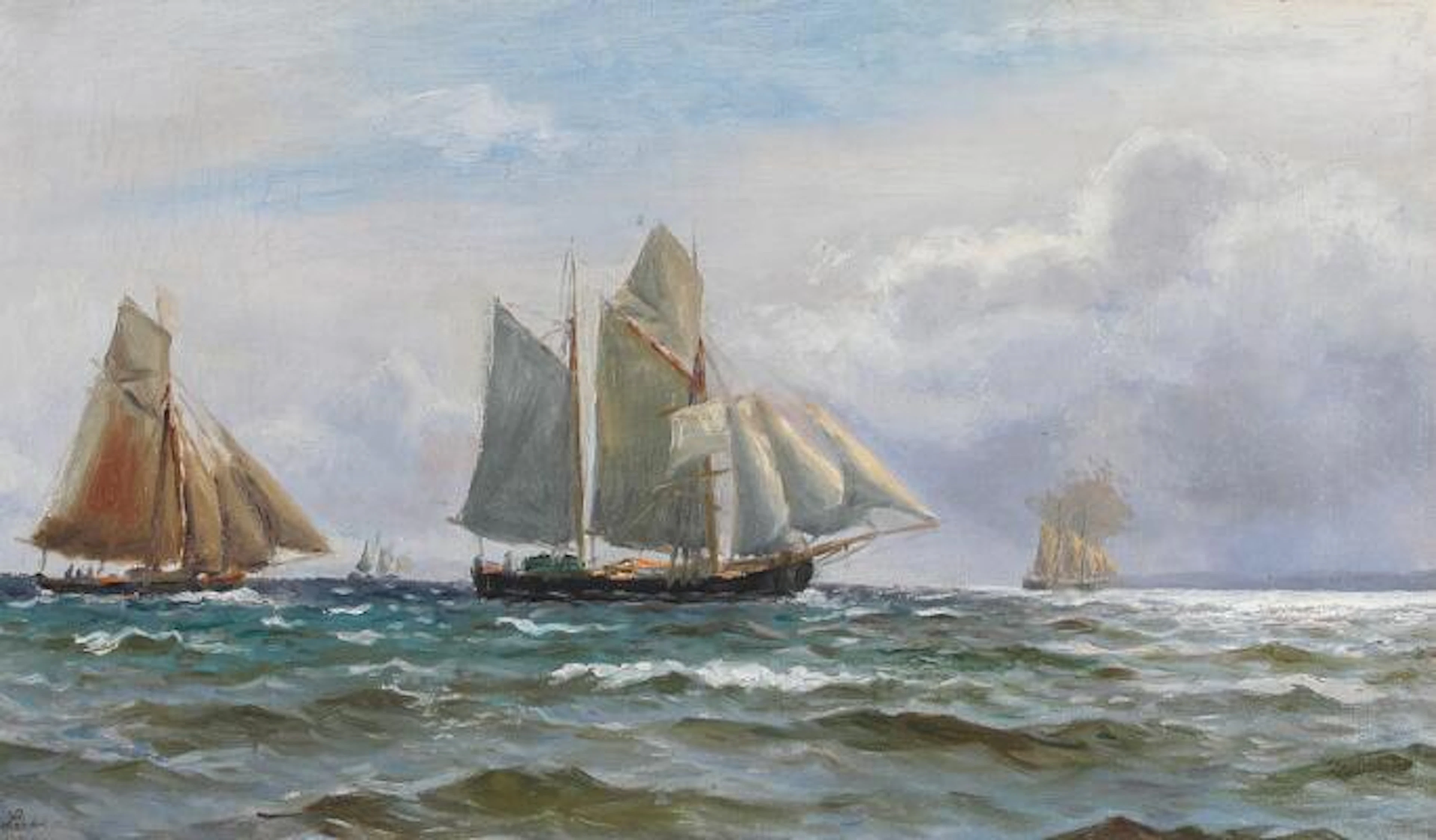 Holger Lübbers: Seascape with sailing ships at sea. Signed and dated
