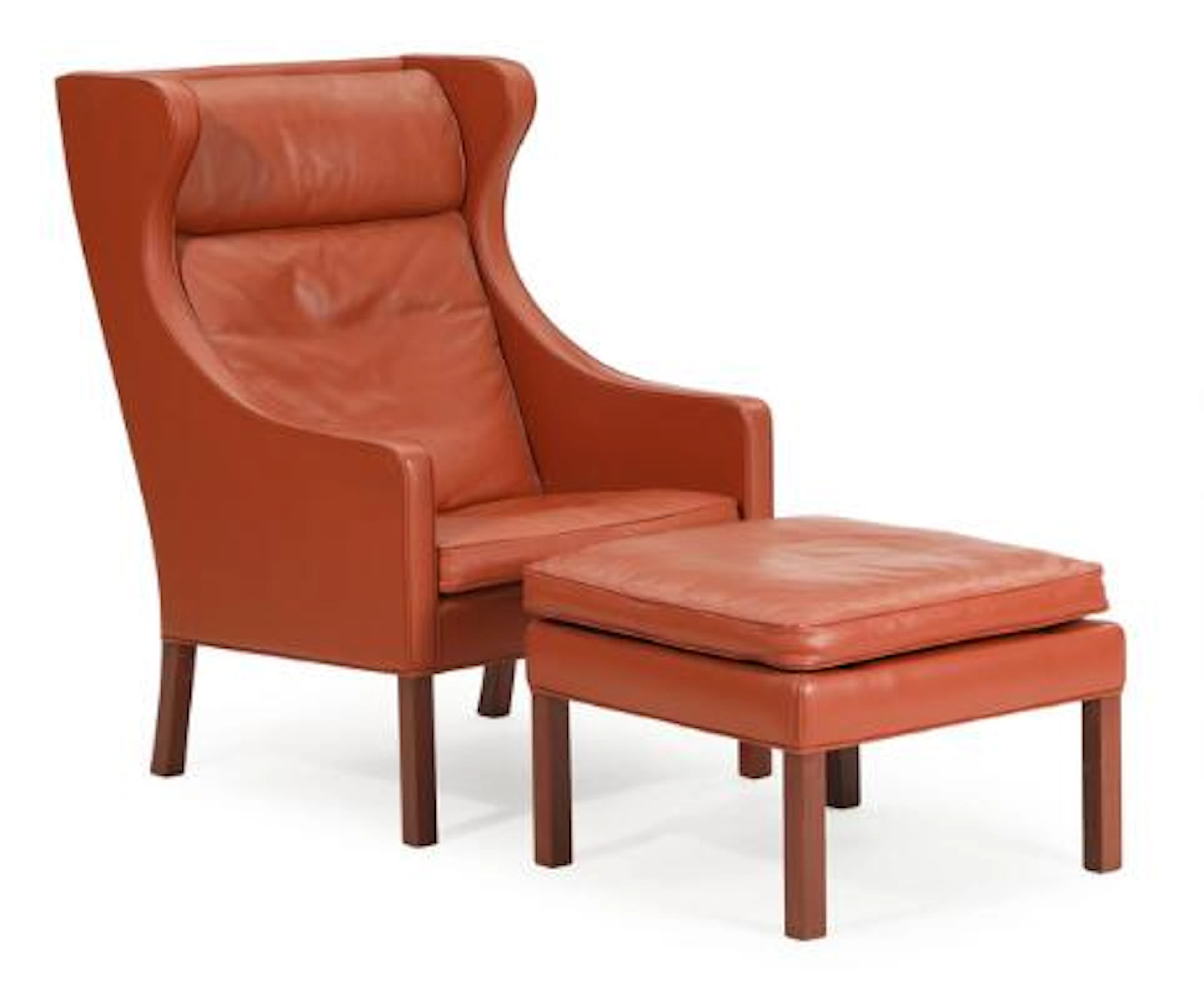 Børge Mogensen: Wingback chair and stool with teal legs, upholstered