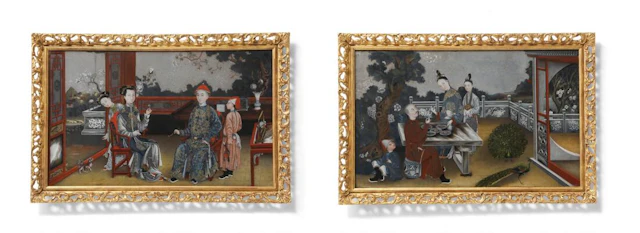 A pair of Chinese export reverse mirror paintings. Qing dynasty, late