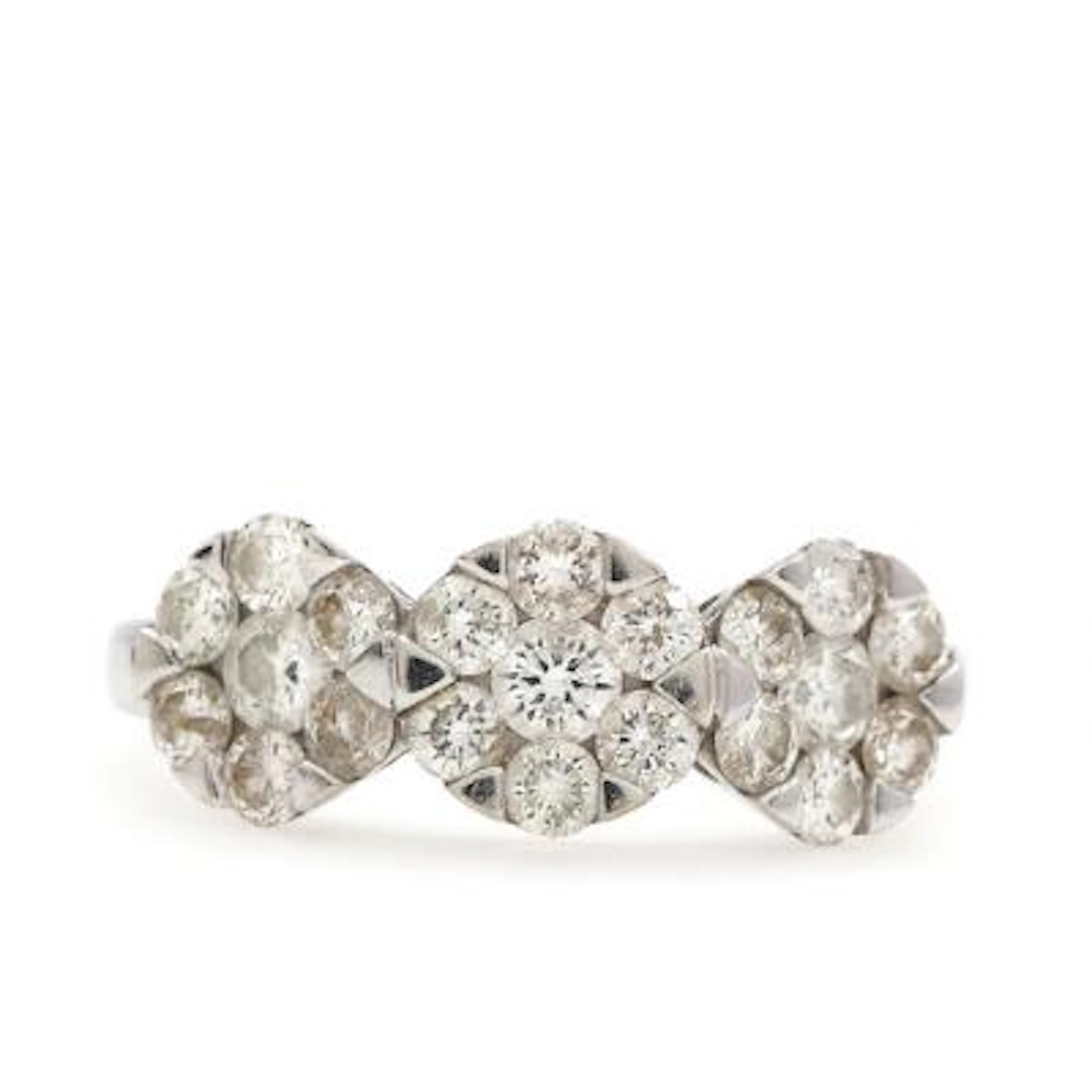 A diamond ring set with numerous brilliant-cut diamonds weighing a