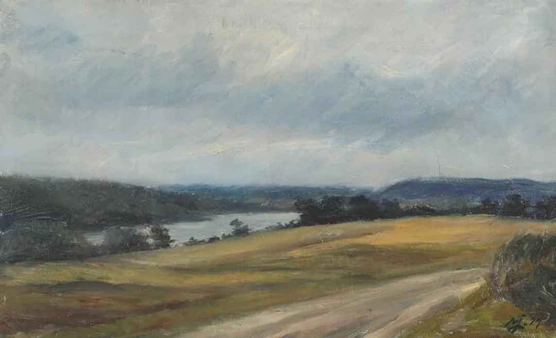Painter unknown, 19th century: Landscape with view to a lake. Signed