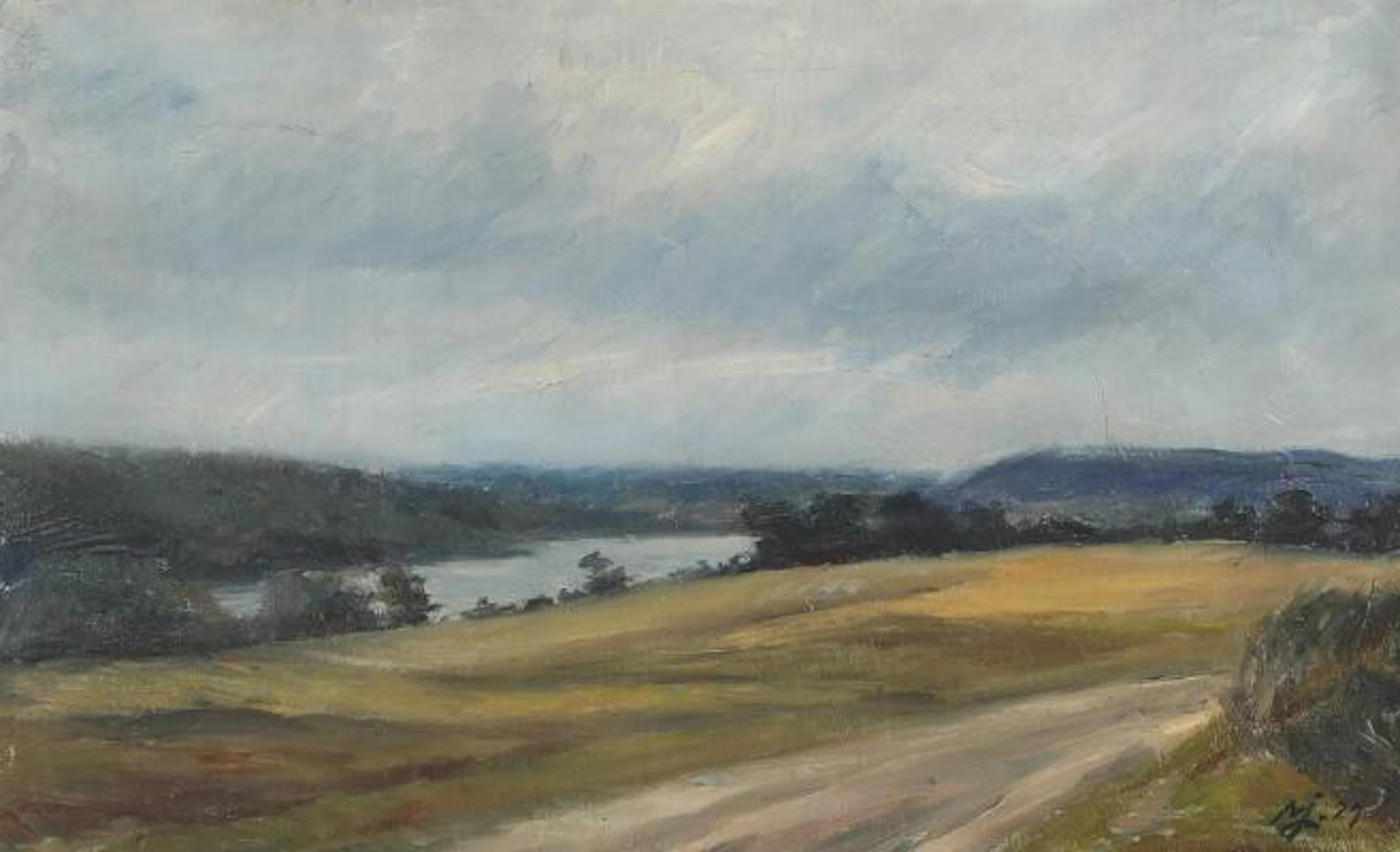 Painter unknown, 19th century: Landscape with view to a lake. Signed