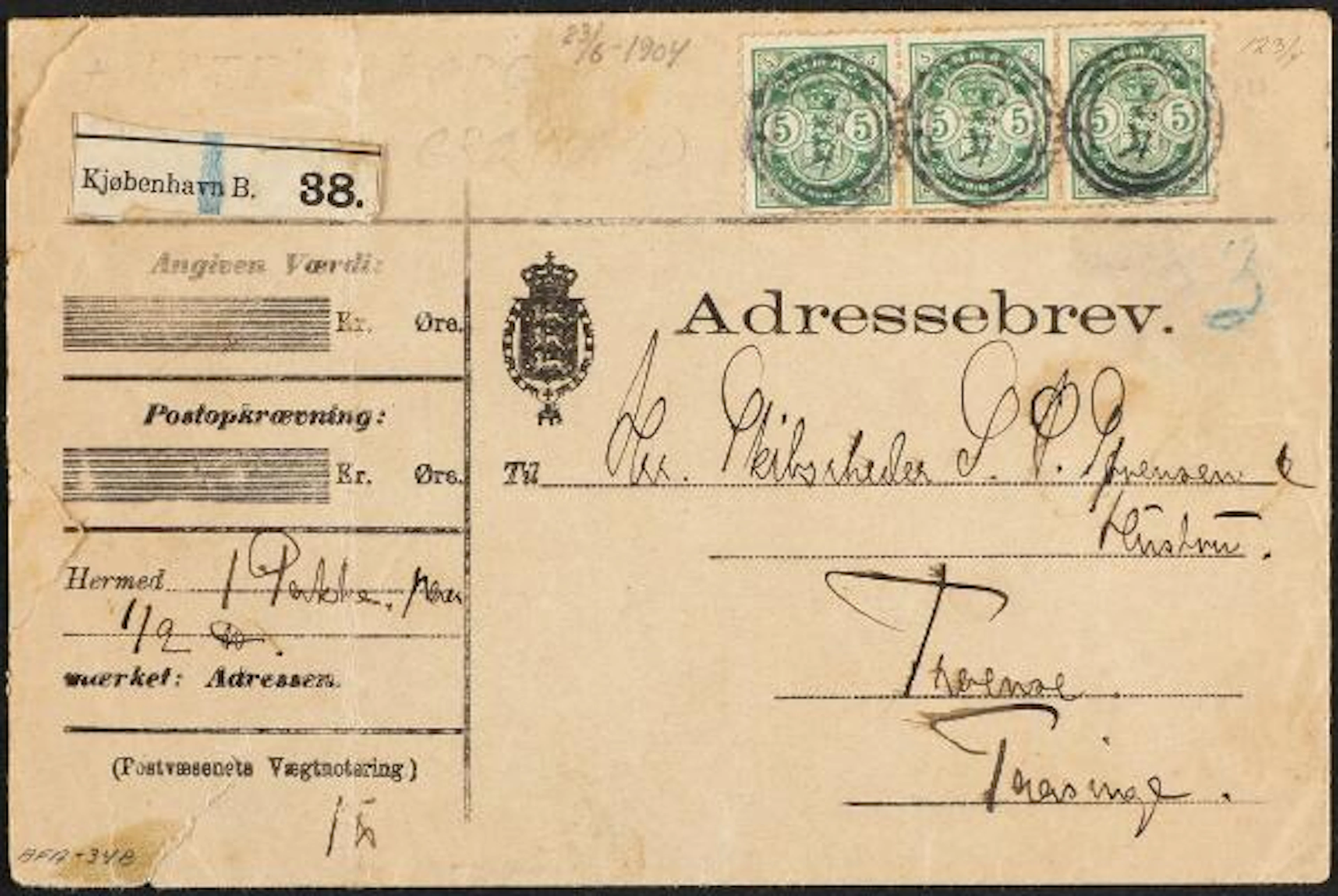 Greenland. 1902. Arms. 5 Øre, green. Strip of 3 on parcelcover for