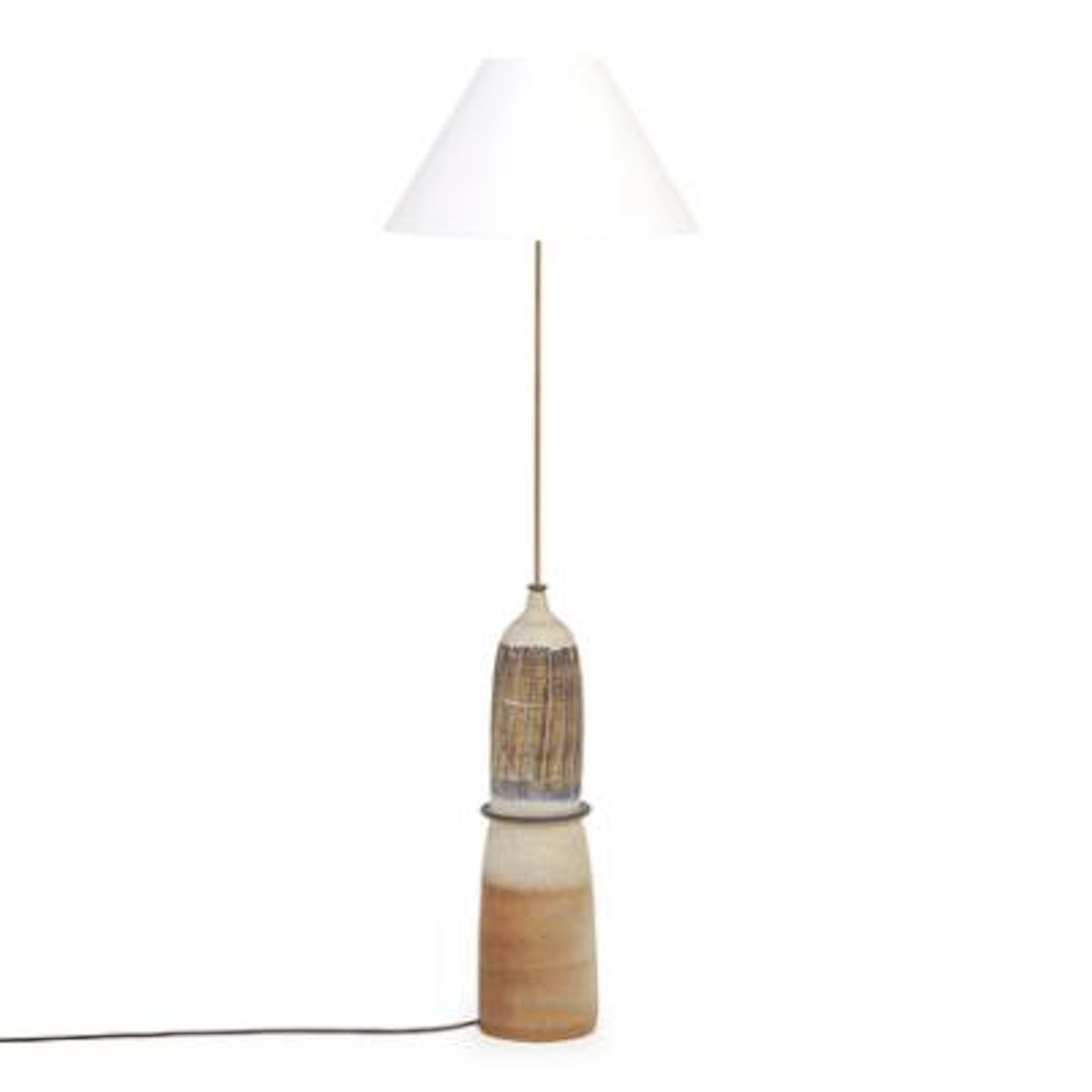 Danish ceramist: Stoneware floor lamp with patinated brass stem. Stamped