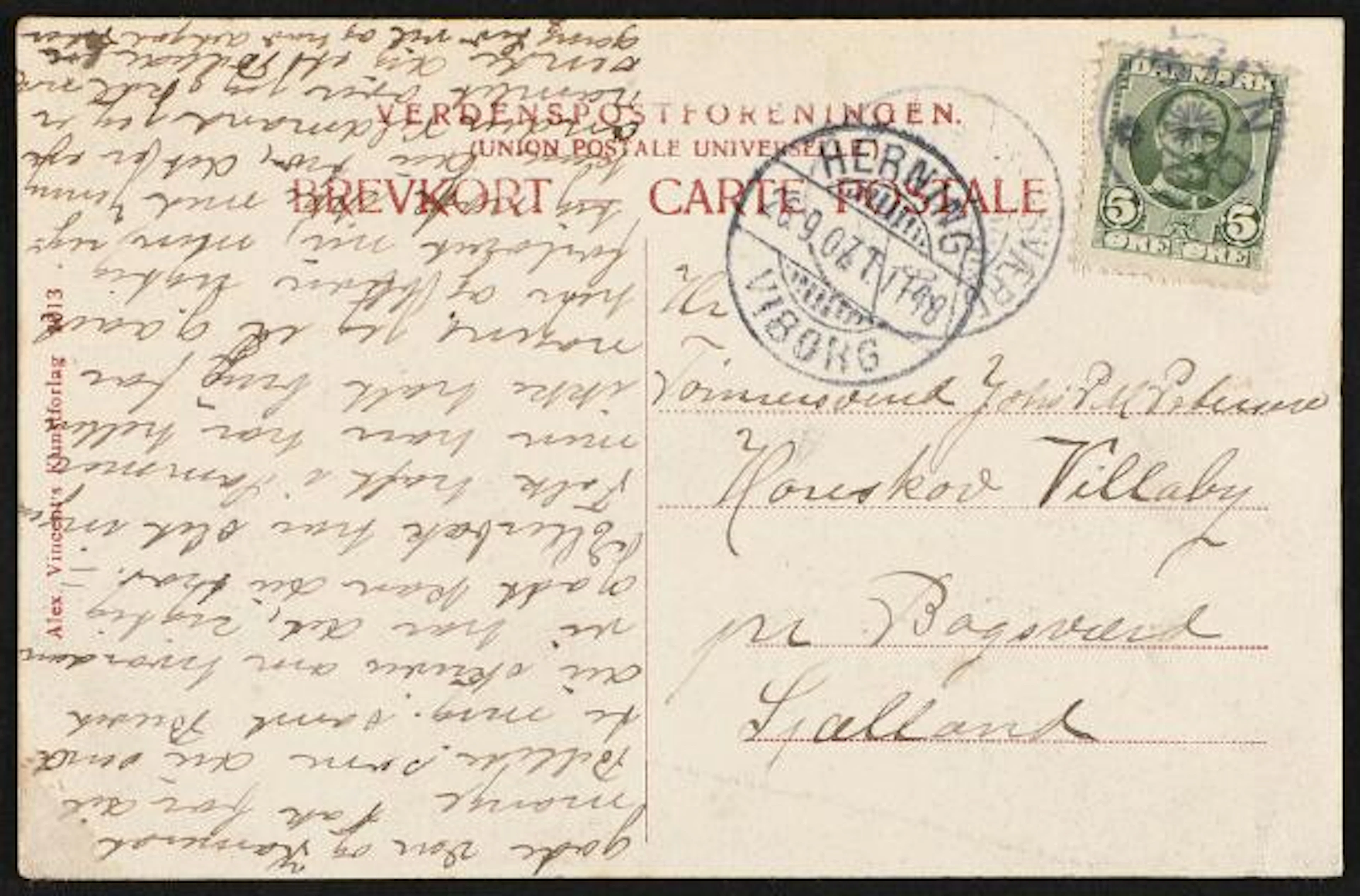 SUNDS. 1907. Frederik VIII. 5 Øre, green. Postcard with star canc.