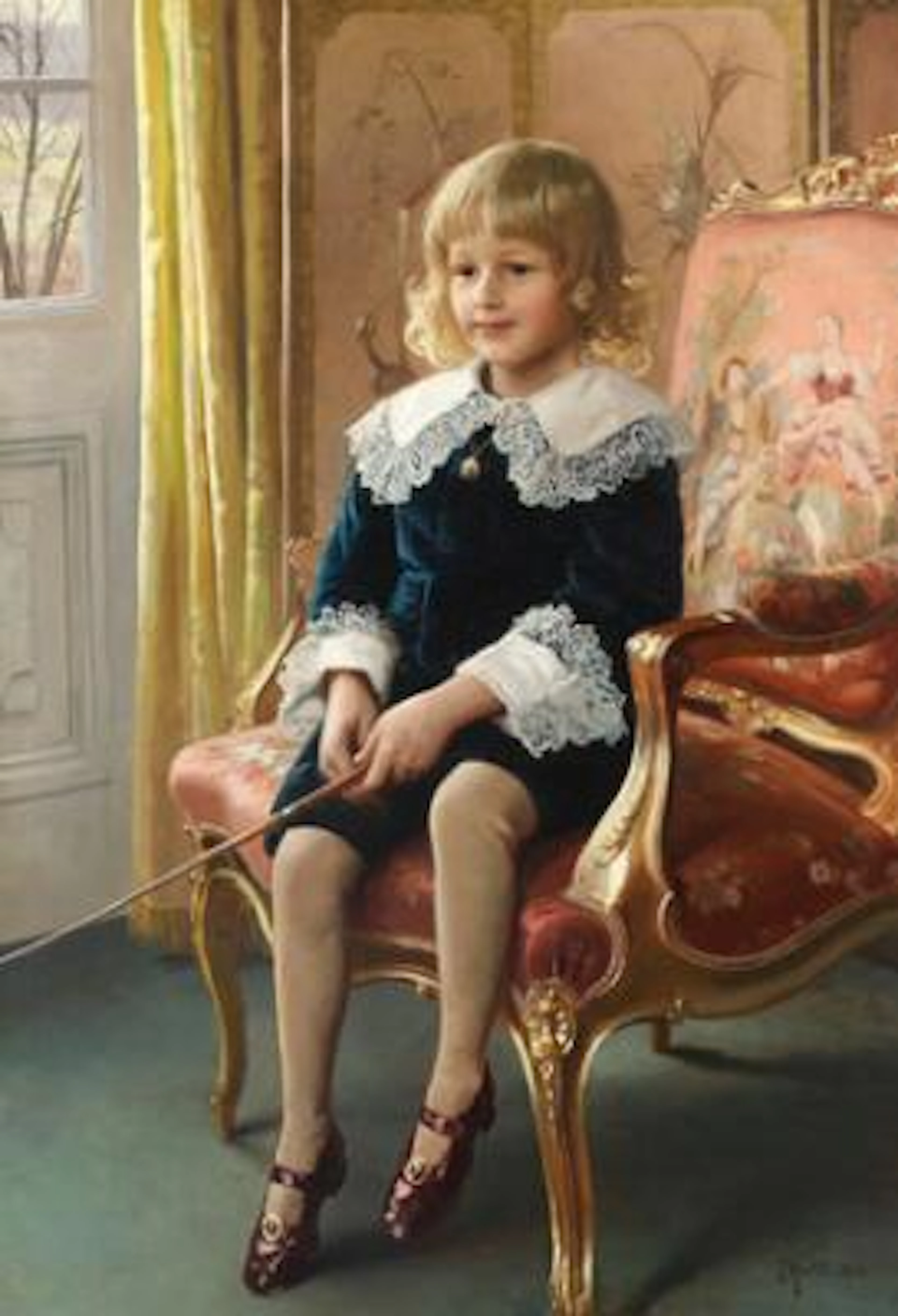 Peder Mønsted: Portrait of a seated boy with fair curls. Signed P.