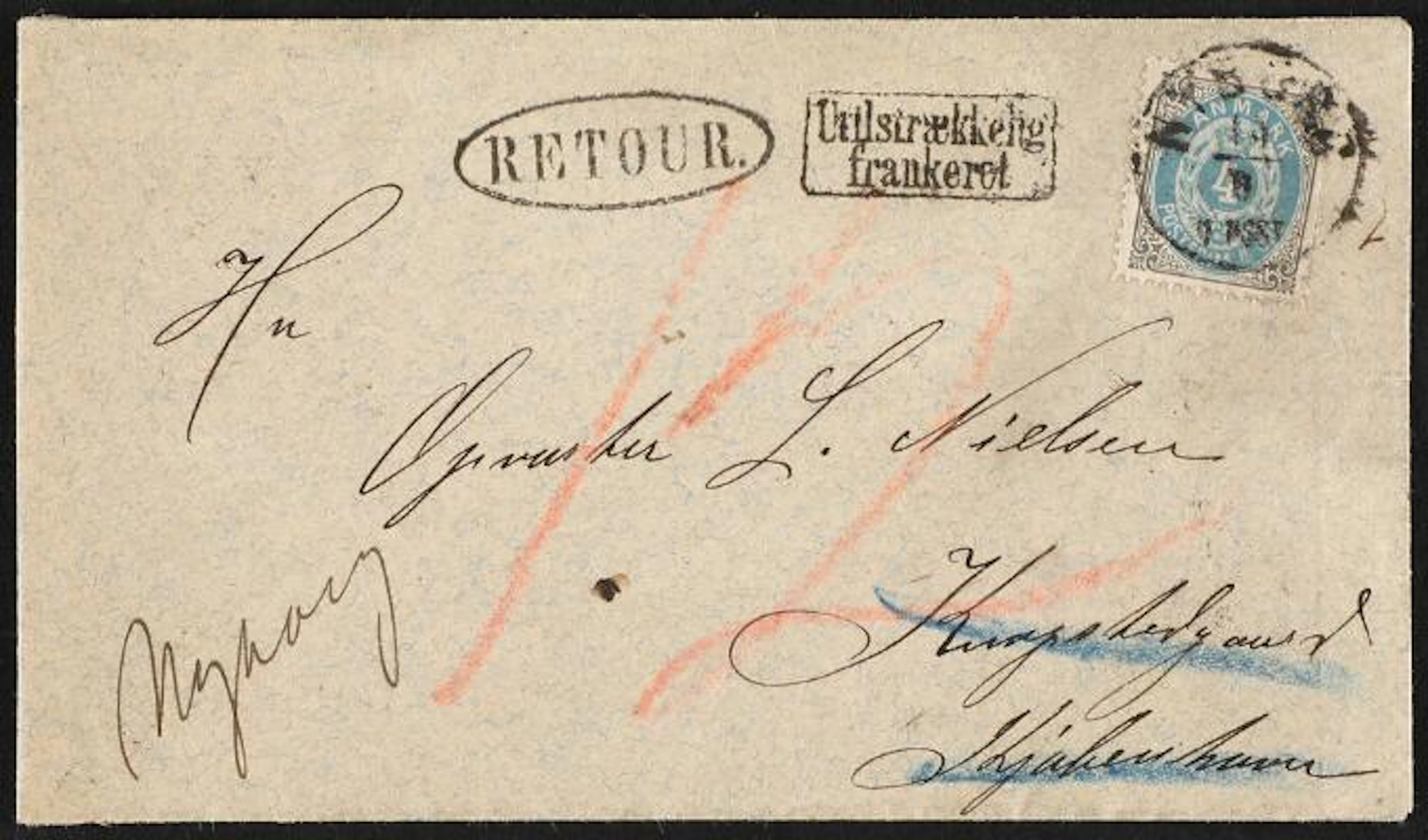 1875. 4 Øre, blue/grey. Insufficiently franked cover from NYBORG 15.6.(1884)