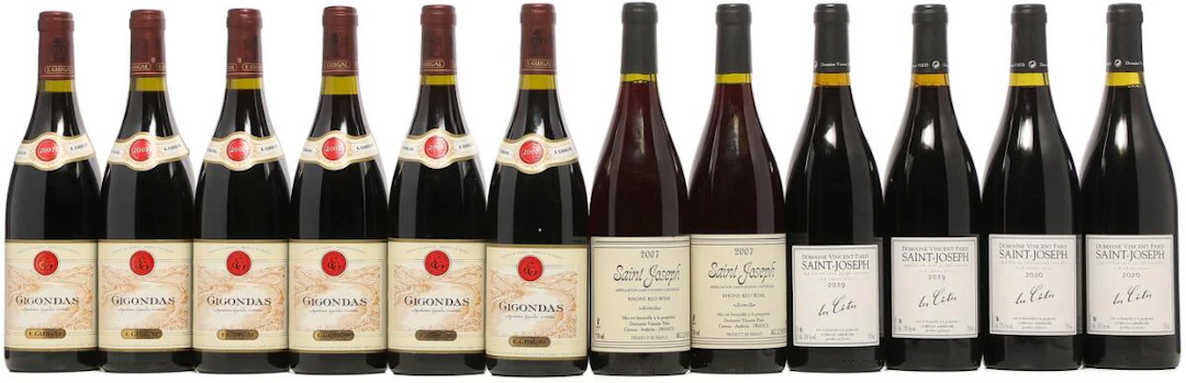 6 bts. Gigondas, Guigal 2007 A (hf/in). etc. Total 12 bts. – Bruun