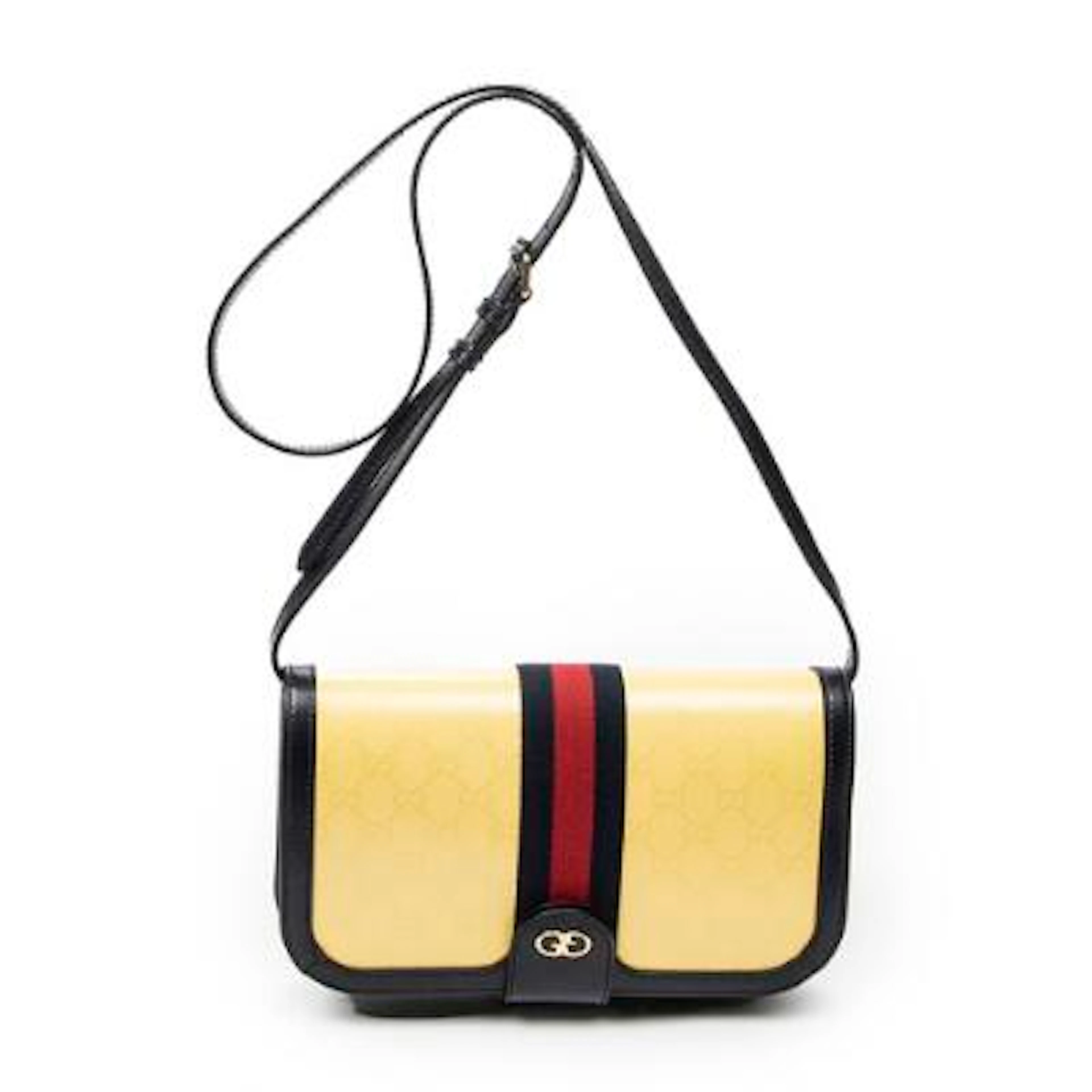 Gucci: A "Web Ophidia Flap Crossbody" bag in yellow/navy monogram